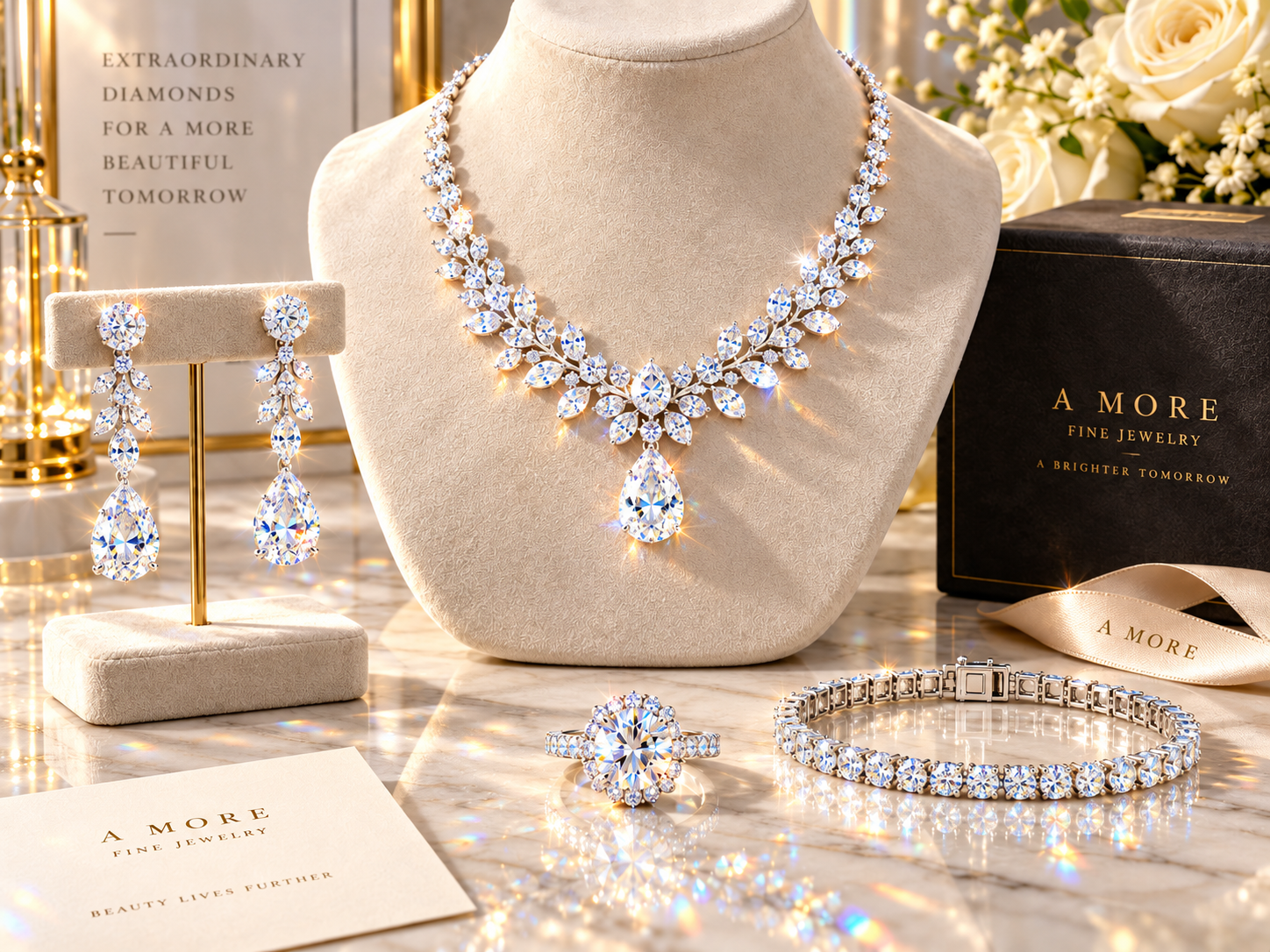 Set of diamond jewelry including a necklace, earrings, ring, and bracelet displayed on a jewelry stand and surface. The background features a black box and flowers.