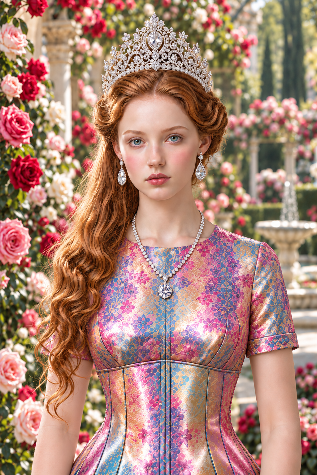 A young woman with long, curly red hair wearing a jeweled crown, diamond earrings, a pearl necklace, and a colorful, floral-patterned dress standing in a garden with pink and white roses and a fountain in the background.