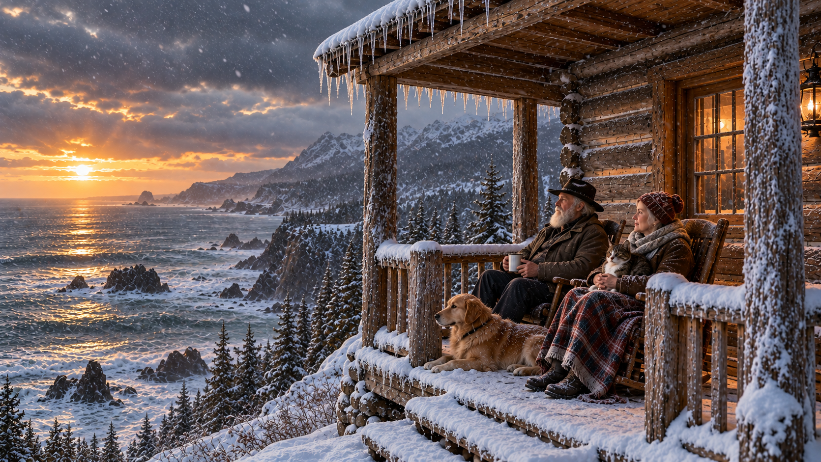 An elderly man and woman sitting on a snow-covered cabin porch overlooking a snowy mountainous coastline at sunset. The man is holding a mug and wearing a hat, the woman is holding a cat, and there are a dog and a cat in the scene. Icicles hang from 