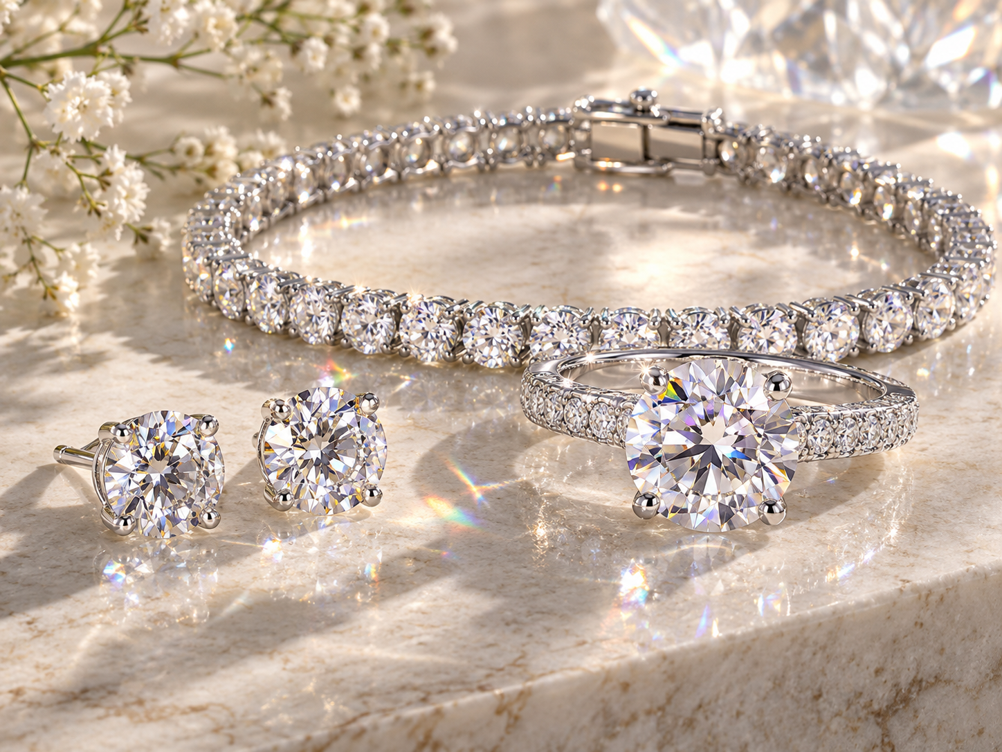 A set of diamond jewelry including a necklace, a pair of earrings, and a ring, all with clear sparkling stones, displayed on a light-colored surface with small white flowers and a reflective decorative element in the background.