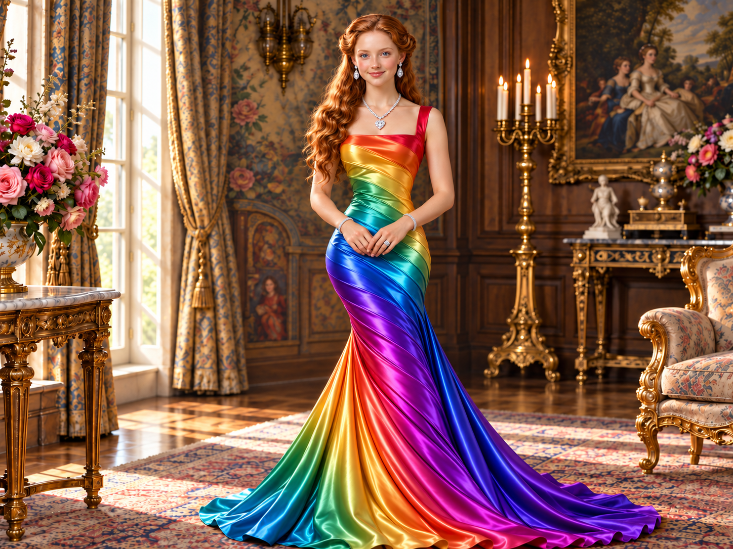 A young woman with long red hair wearing a rainbow-colored satin evening gown in a luxurious, ornately decorated room with gold accents, floral wallpaper, and classical art.