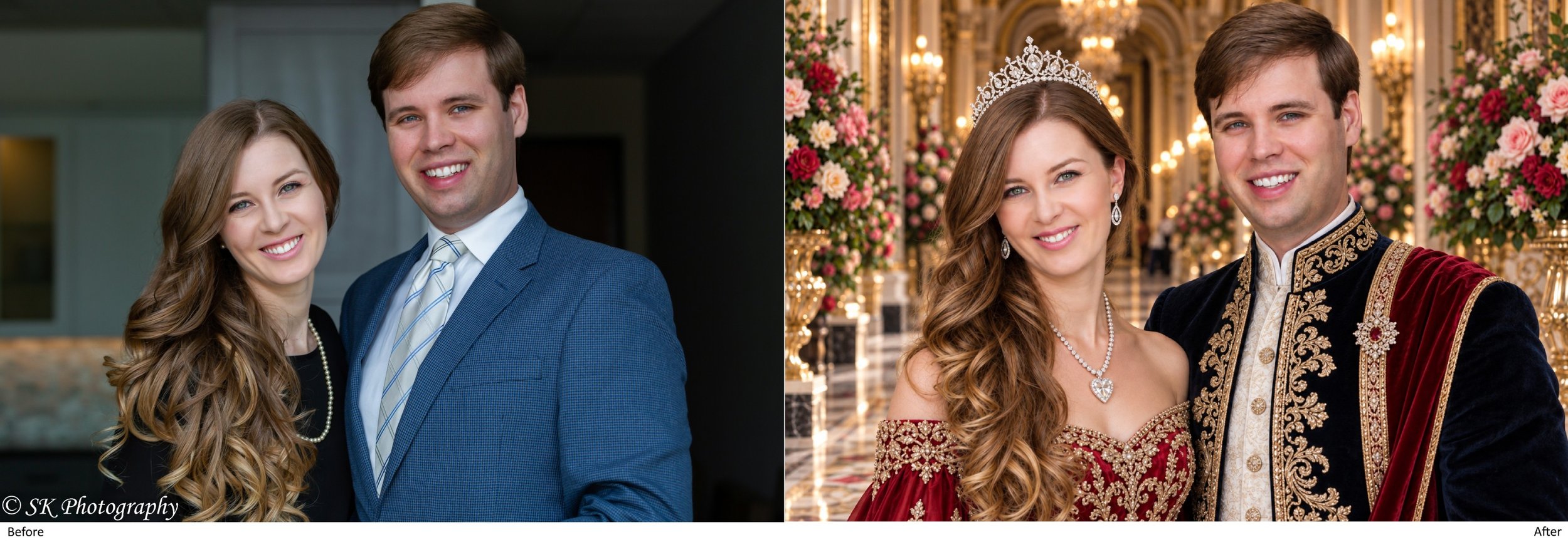 Comparison of a couple before and after their wedding. Before: a man and woman in casual smart attire, smiling indoors. After: the same couple dressed in formal wedding attire with a woman wearing a tiara and jewelry, and a man in a velvet and gold e