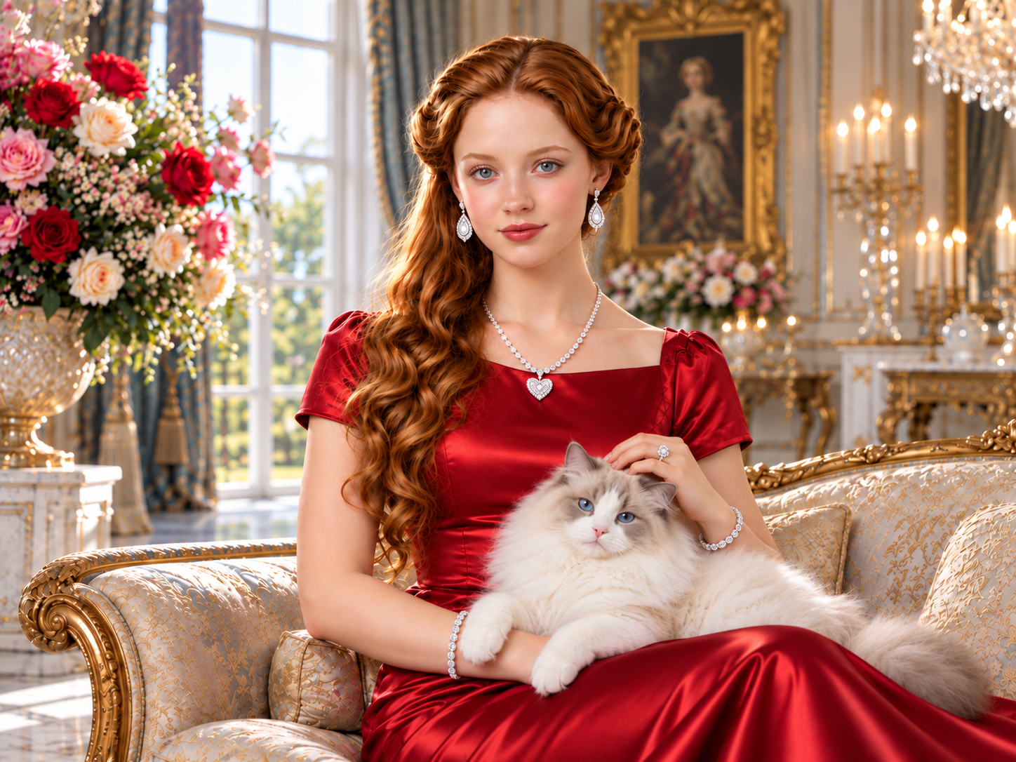 Young woman with long, curly red hair and blue eyes, wearing a red satin evening gown and jewelry, sitting on a luxurious sofa with a fluffy white and gray Ragdoll cat in an elegant, gold-decorated room with large floral arrangements and chandeliers,