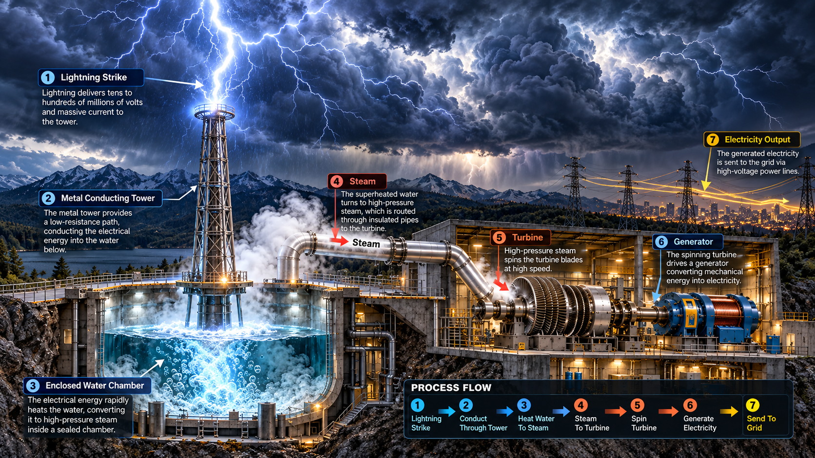 Diagram of a hydroelectric power plant showing lightning strike, metal conducting tower, enclosed water chamber, steam, turbine, generator, and electricity output, with labels explaining each step in the process.