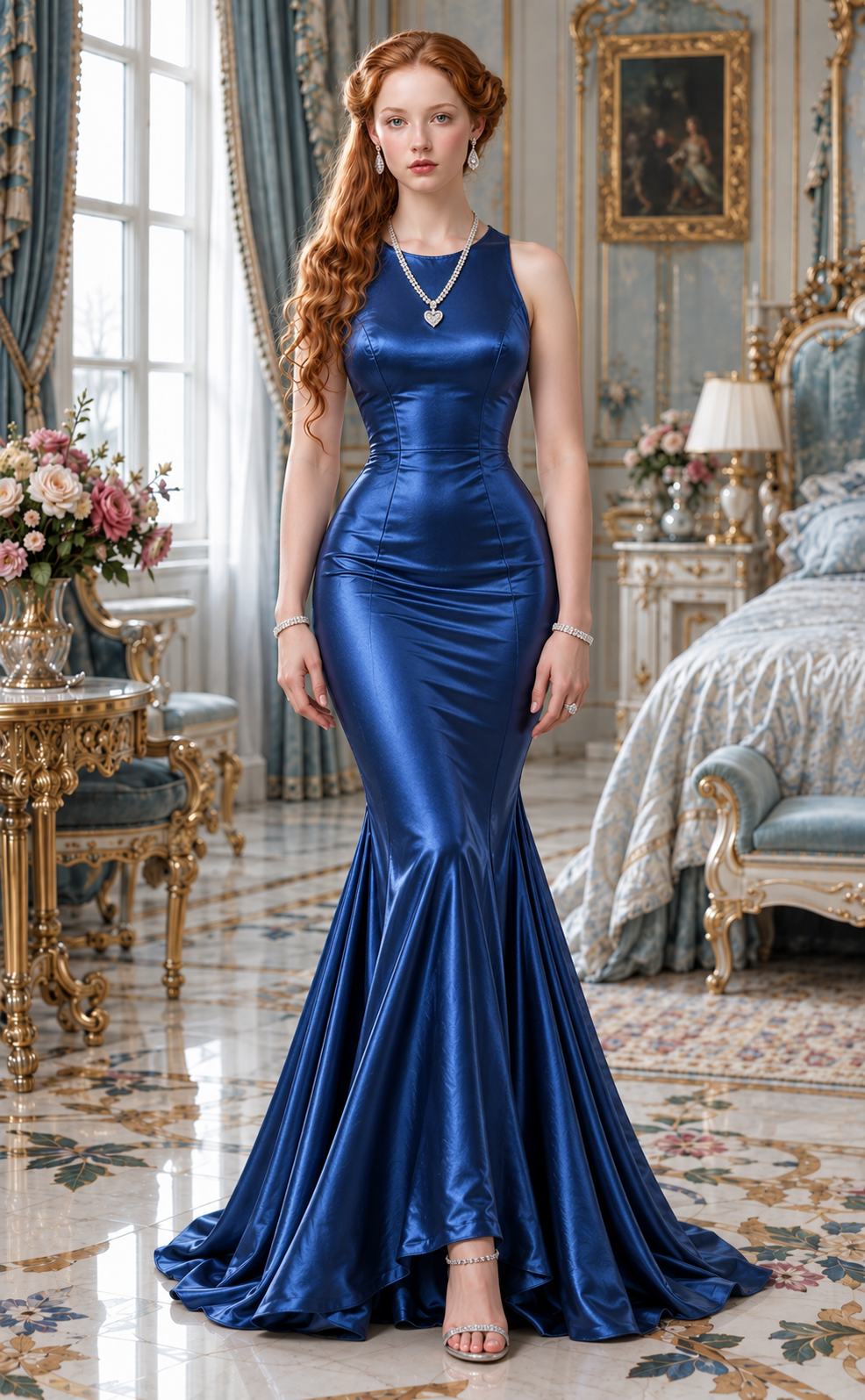 A woman in a shiny, royal blue, evening gown standing in an ornate, luxurious bedroom.