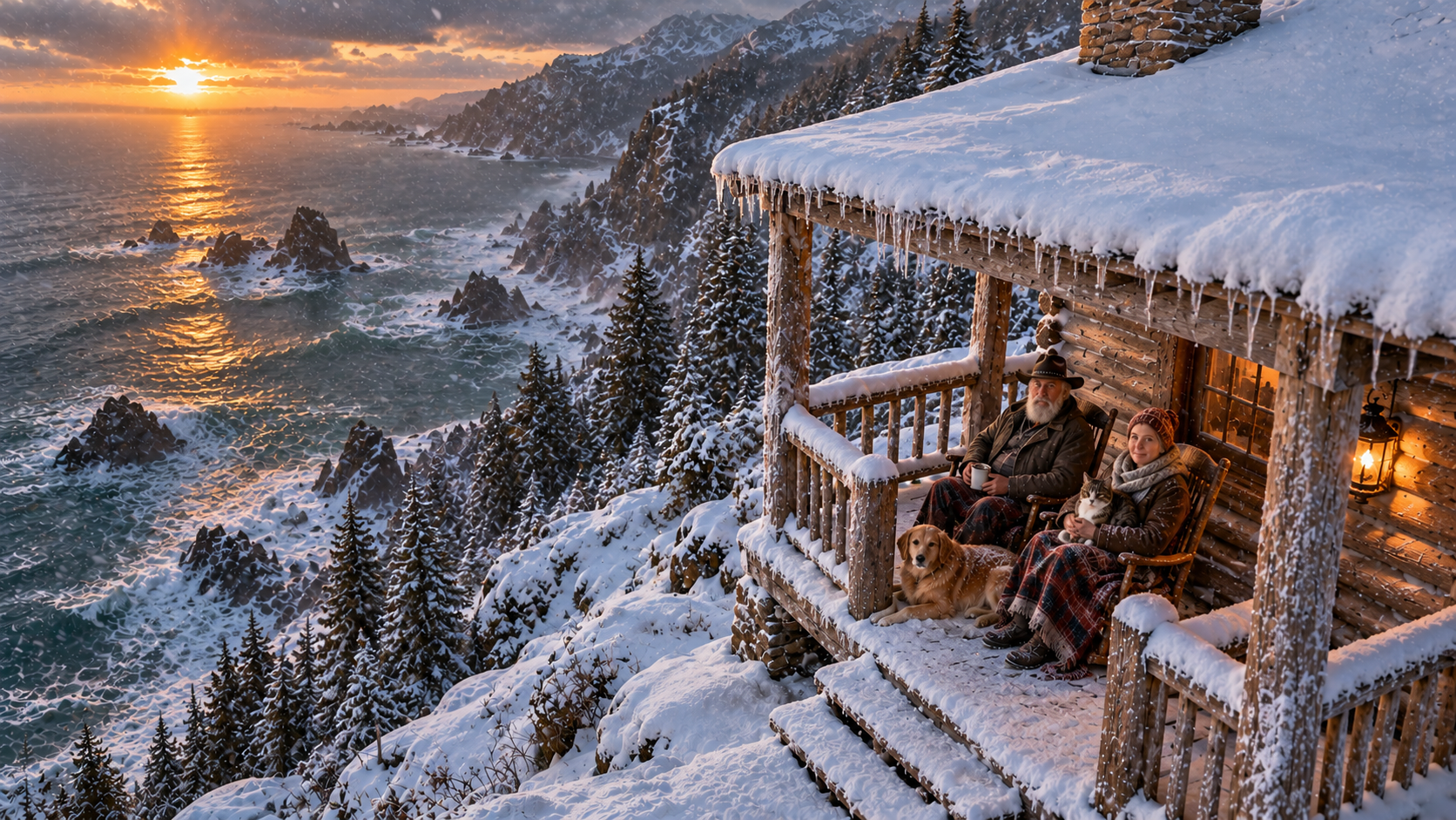 A cozy snow-covered cabin porch with two people, a dog, and a cat, overlooking a snowy mountain landscape at sunset.