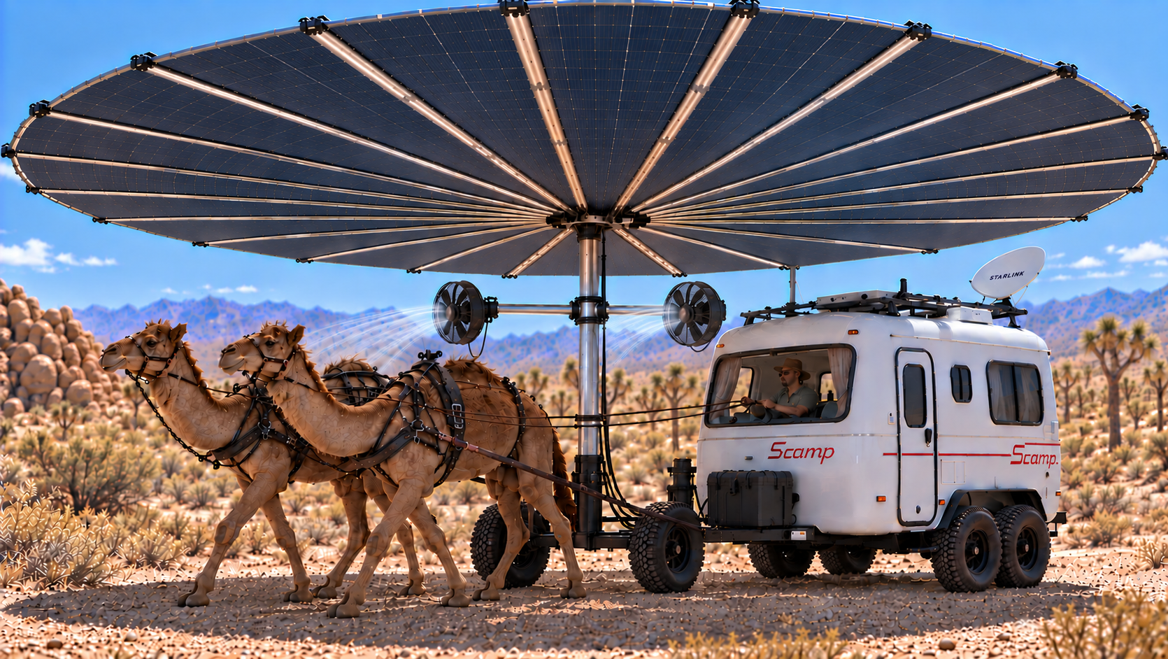 A desert scene with a futuristic solar-powered vehicle pulled by two camels, featuring a large solar panel umbrella and a small white trailer with the brand name 'Scamp' and a satellite dish labeled 'Starlink', with mountains and Joshua trees in the 