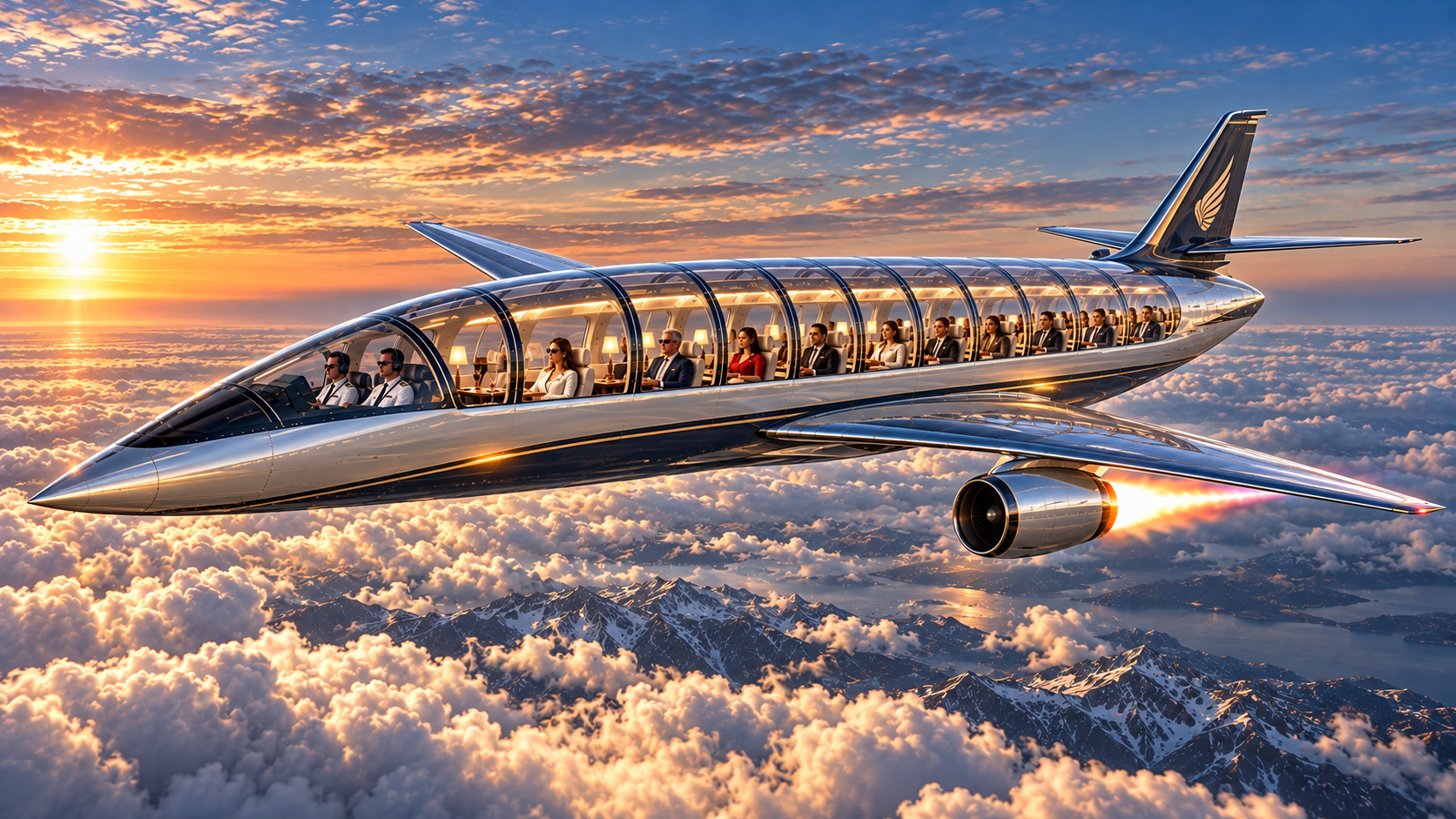 A futuristic silver airplane flying above clouds during sunset, with passengers seated inside and mountain peaks below.