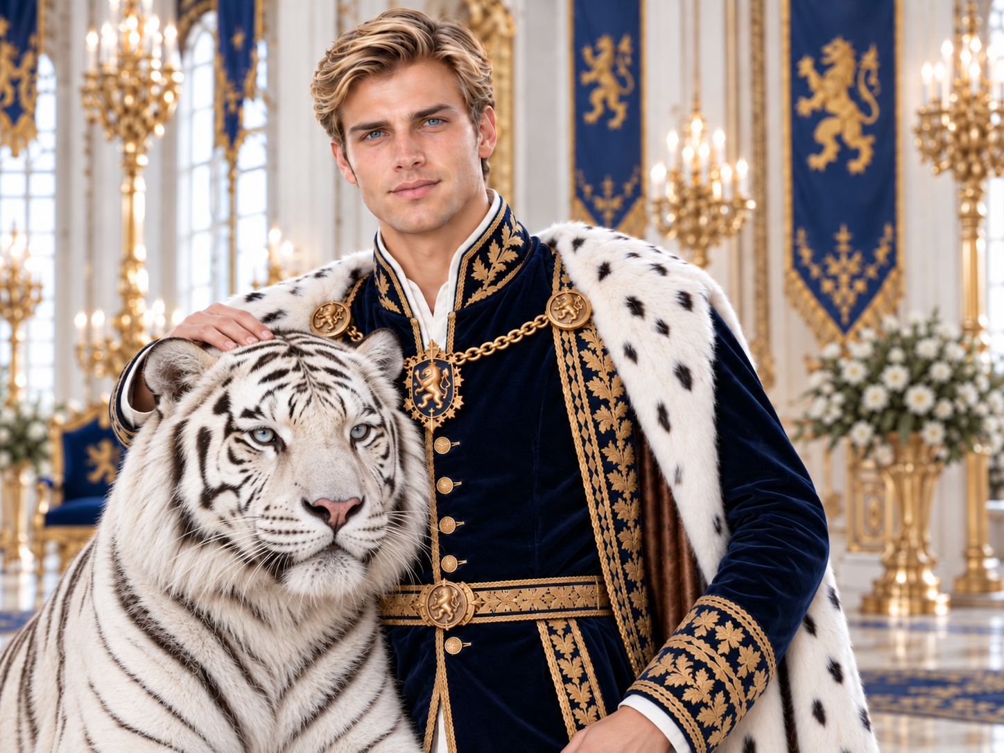 A young man dressed as a king with a royal cape and medals standing beside a white tiger in a lavish palace.