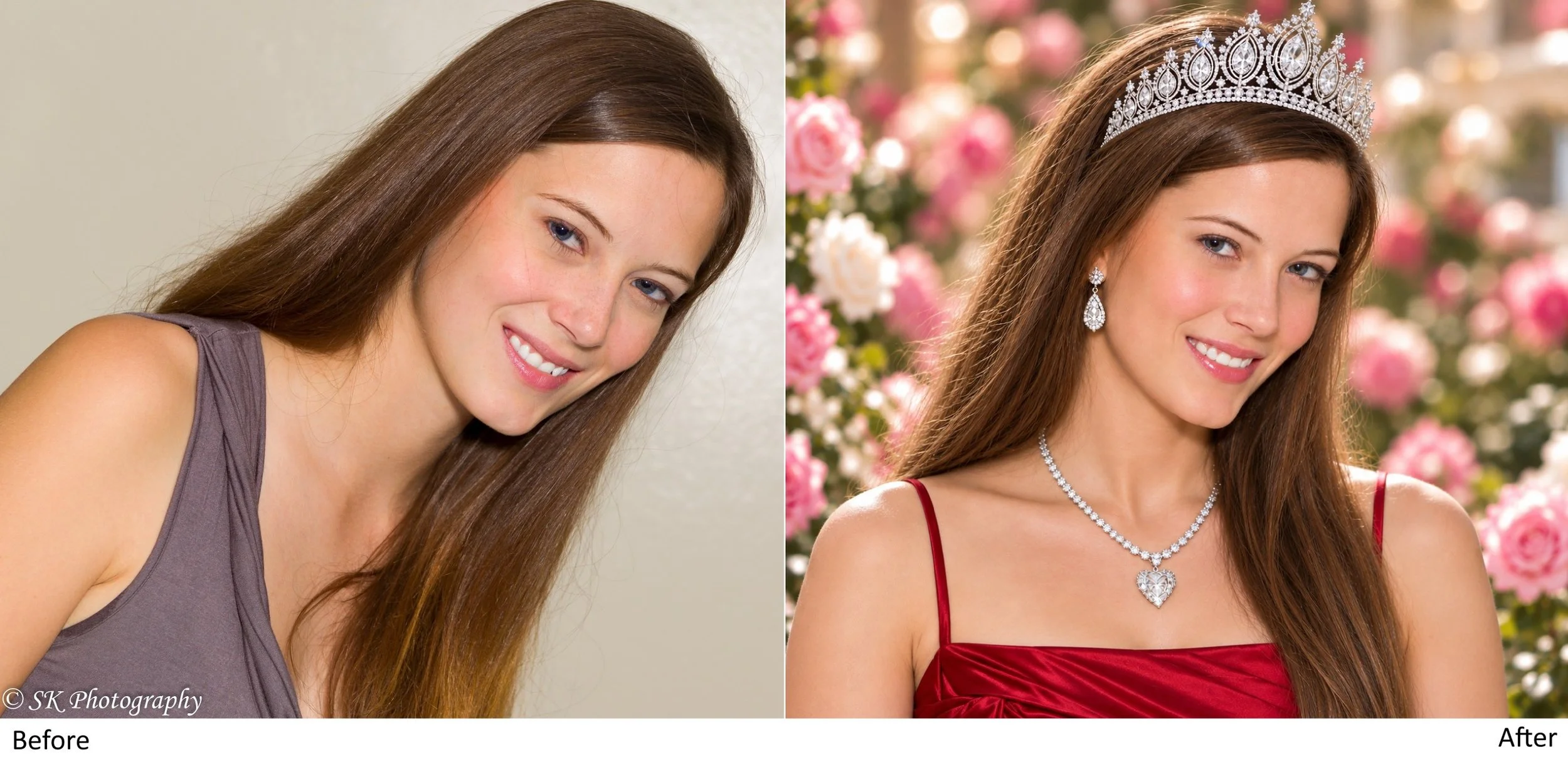 Side-by-side comparison of a young woman before and after makeup and hairstyling, with the after image featuring her in a red dress, diamond jewelry, and a tiara, set against a garden background.