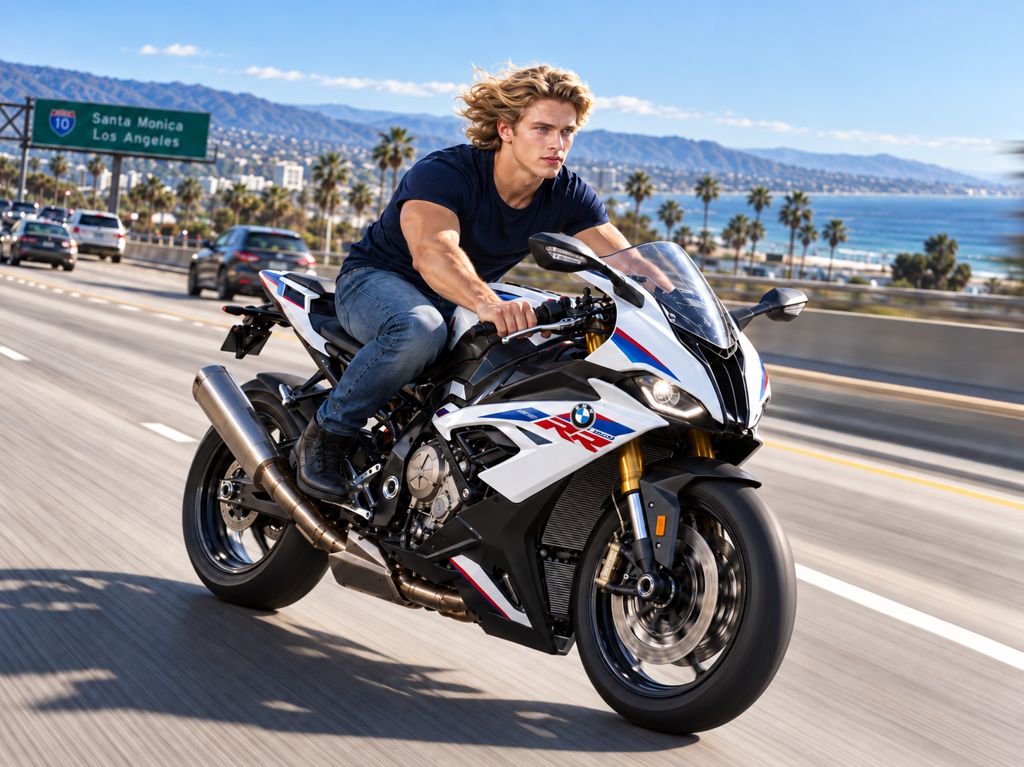 A young man with blond hair riding a BMW S 1000 RR motorcycle on a highway with the city and ocean view in the background.