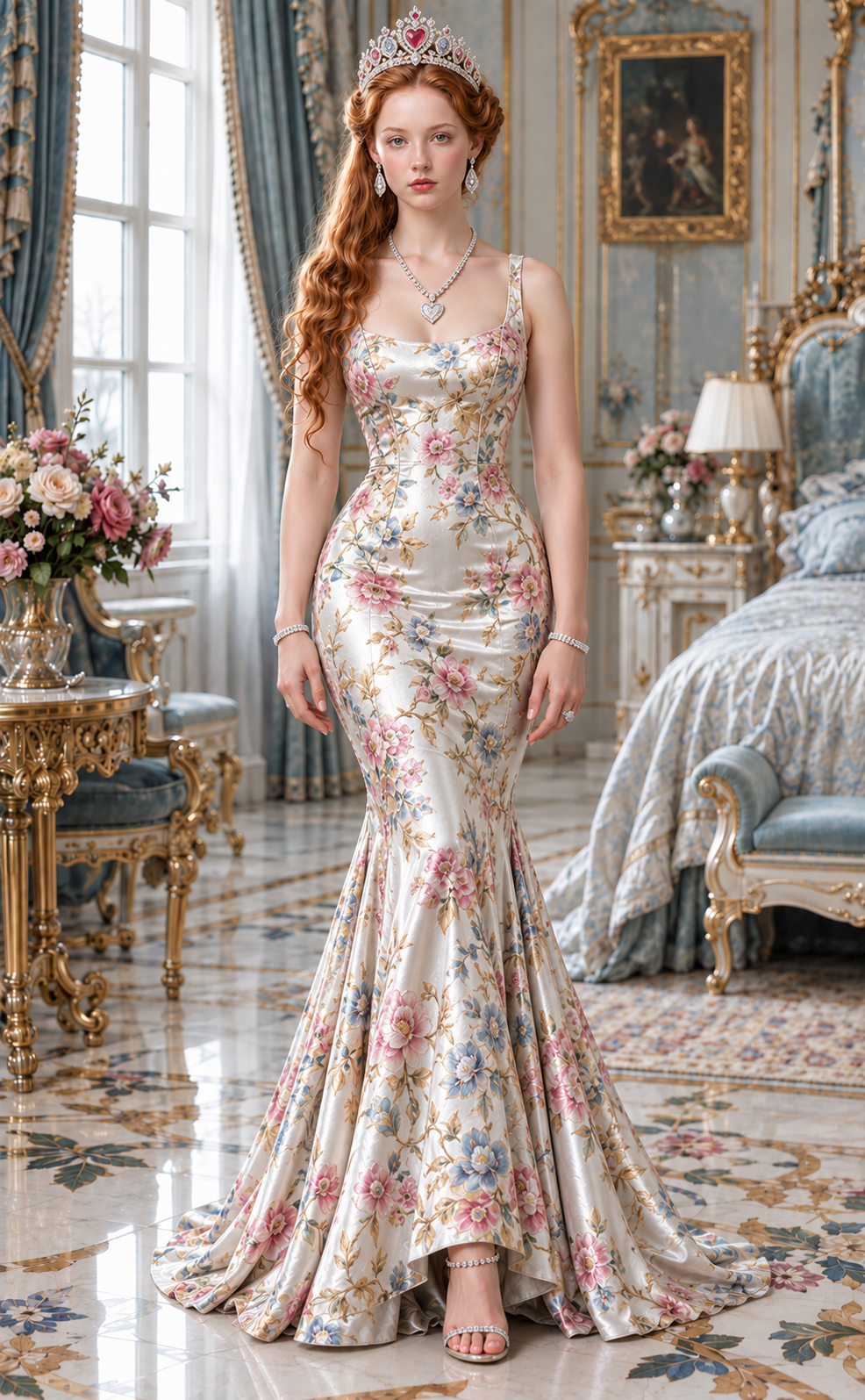 A woman with long red hair wearing a floral satin gown, tiara, and jewelry standing in an ornate, luxurious bedroom with gold accents, floral arrangements, and classic European decor.