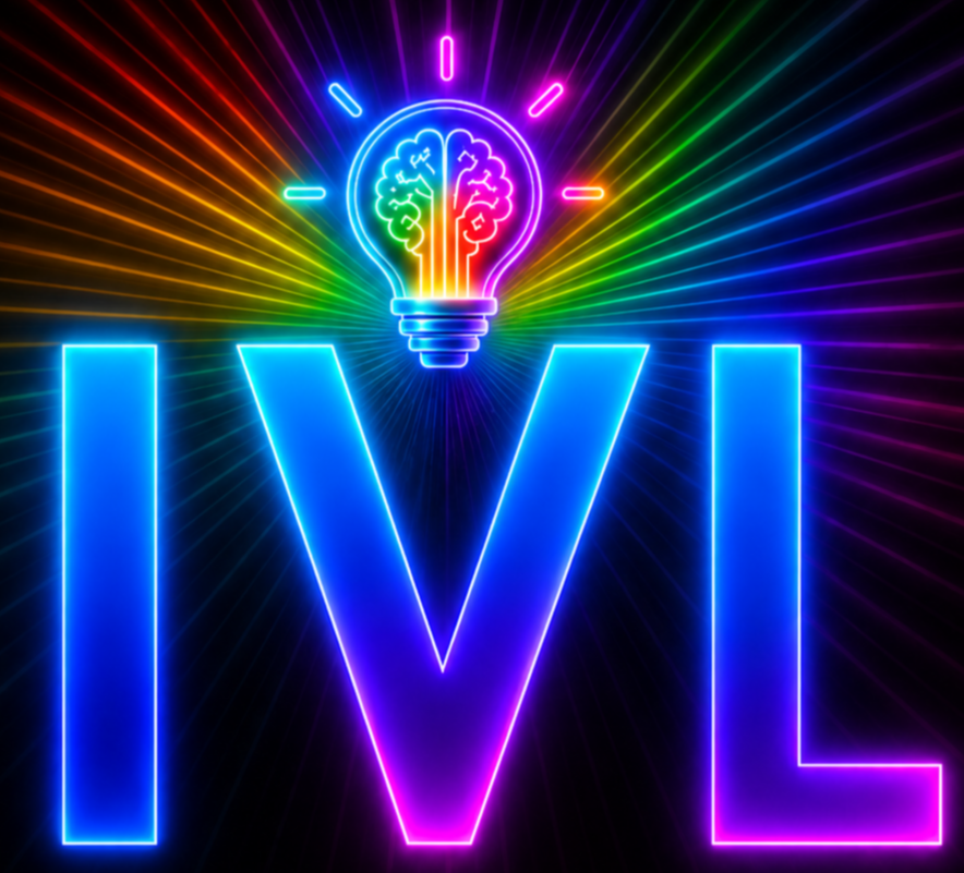 Neon sign spelling 'IVL' with a glowing light bulb containing a colorful brain inside, radiating multicolored rays.