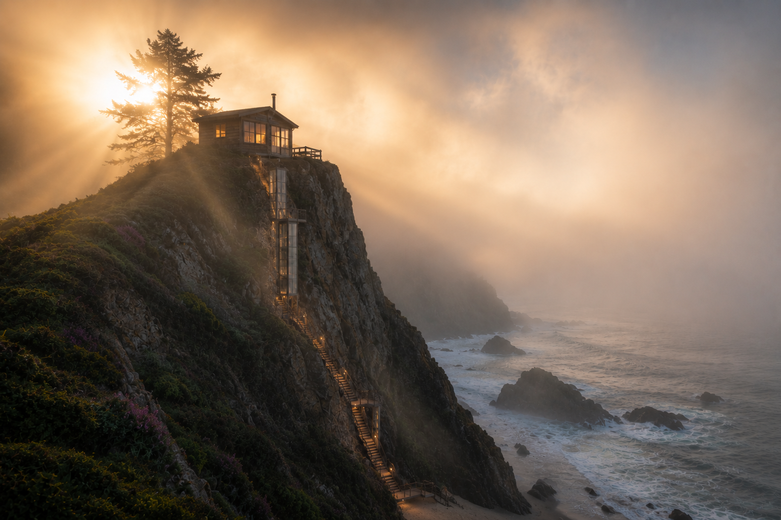 Sunset or sunrise over a coastal cliff with a house and a large tree, fog and ocean waves below, stairs leading up to the house.