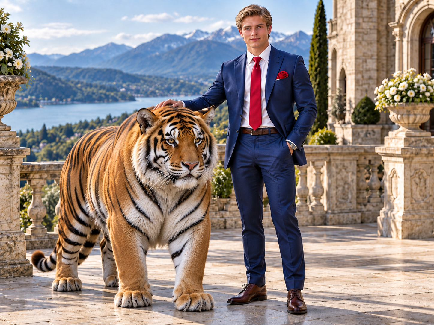 A young man dressed in a blue suit with a red tie and pocket square stands on a stone terrace, resting his hand on a tiger. The terrace overlooks a scenic landscape with a large body of water, mountains, and a partly cloudy sky.