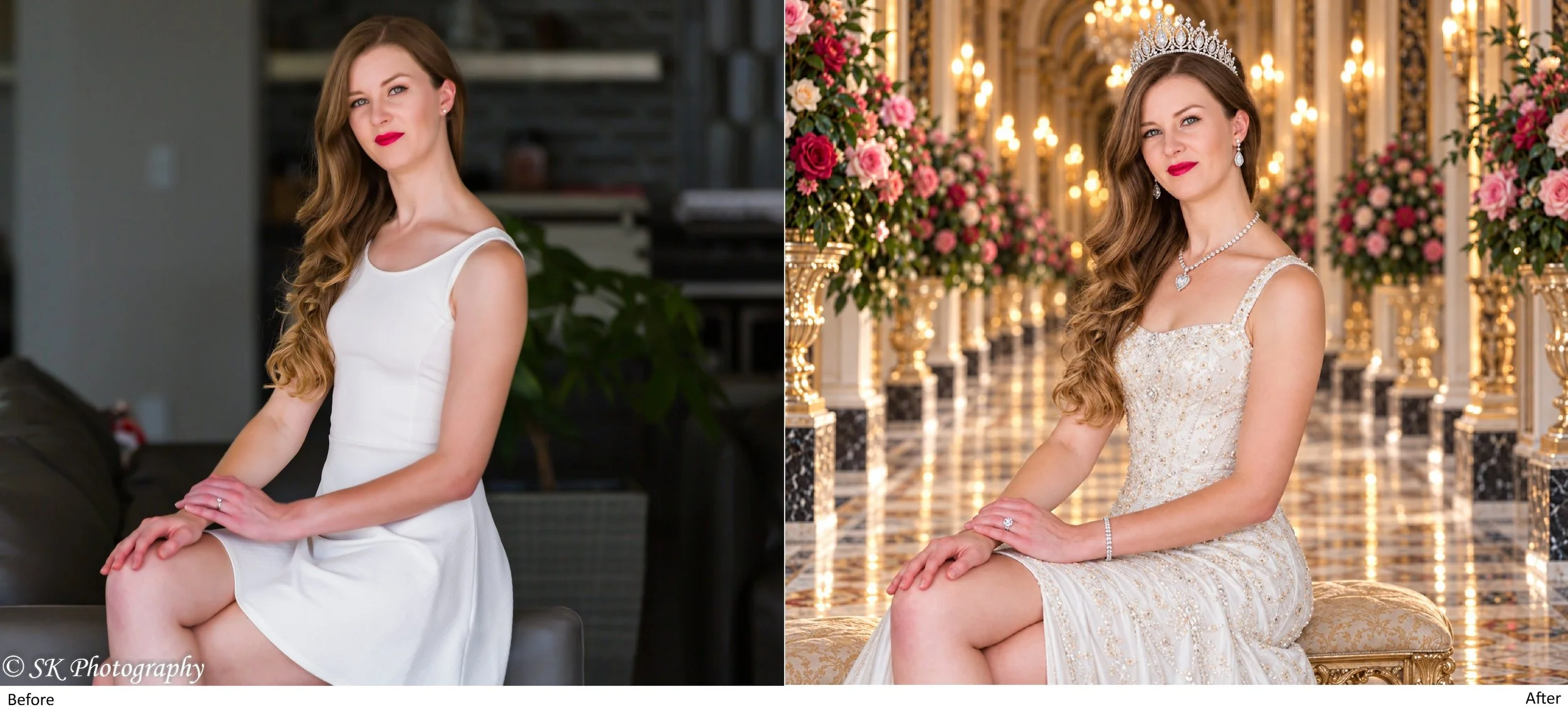 Side-by-side comparison of a woman before and after special occasion makeup and attire. In the before image, she is dressed in a white sleeveless dress, sitting indoors with a neutral background. In the after image, she is dressed in an elegant, orna
