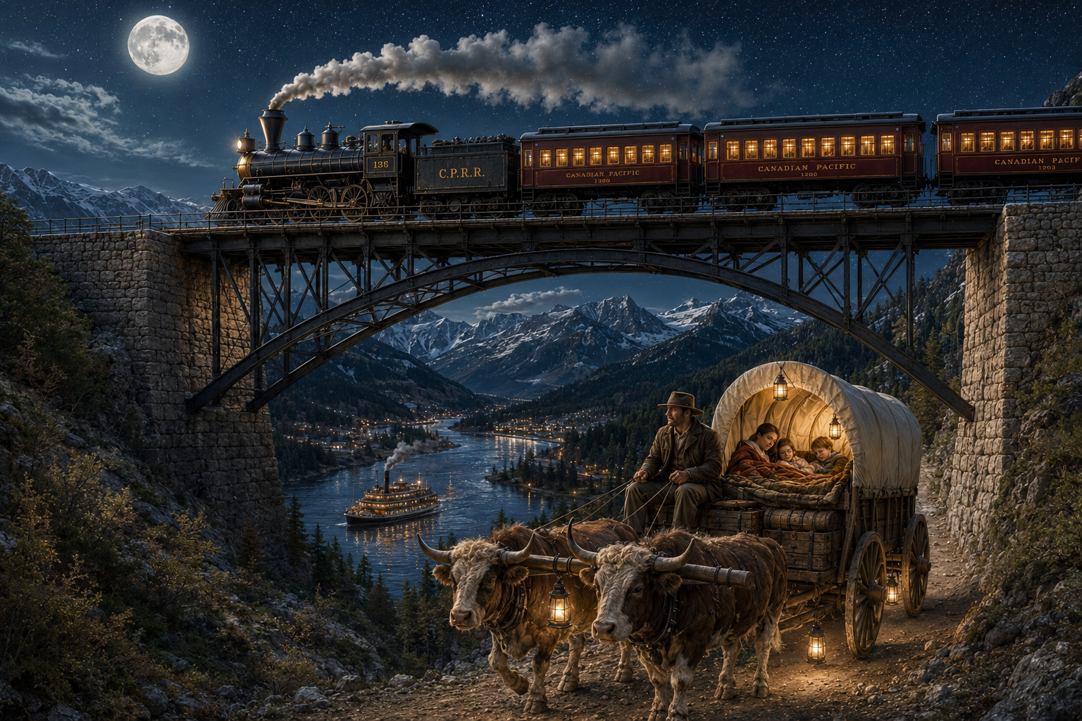 A nighttime scene of a man and two children in a covered wagon pulled by oxen, passing under a bridge with a steam train. The background shows a river, a steamboat, mountains, and a starry sky with a full moon.