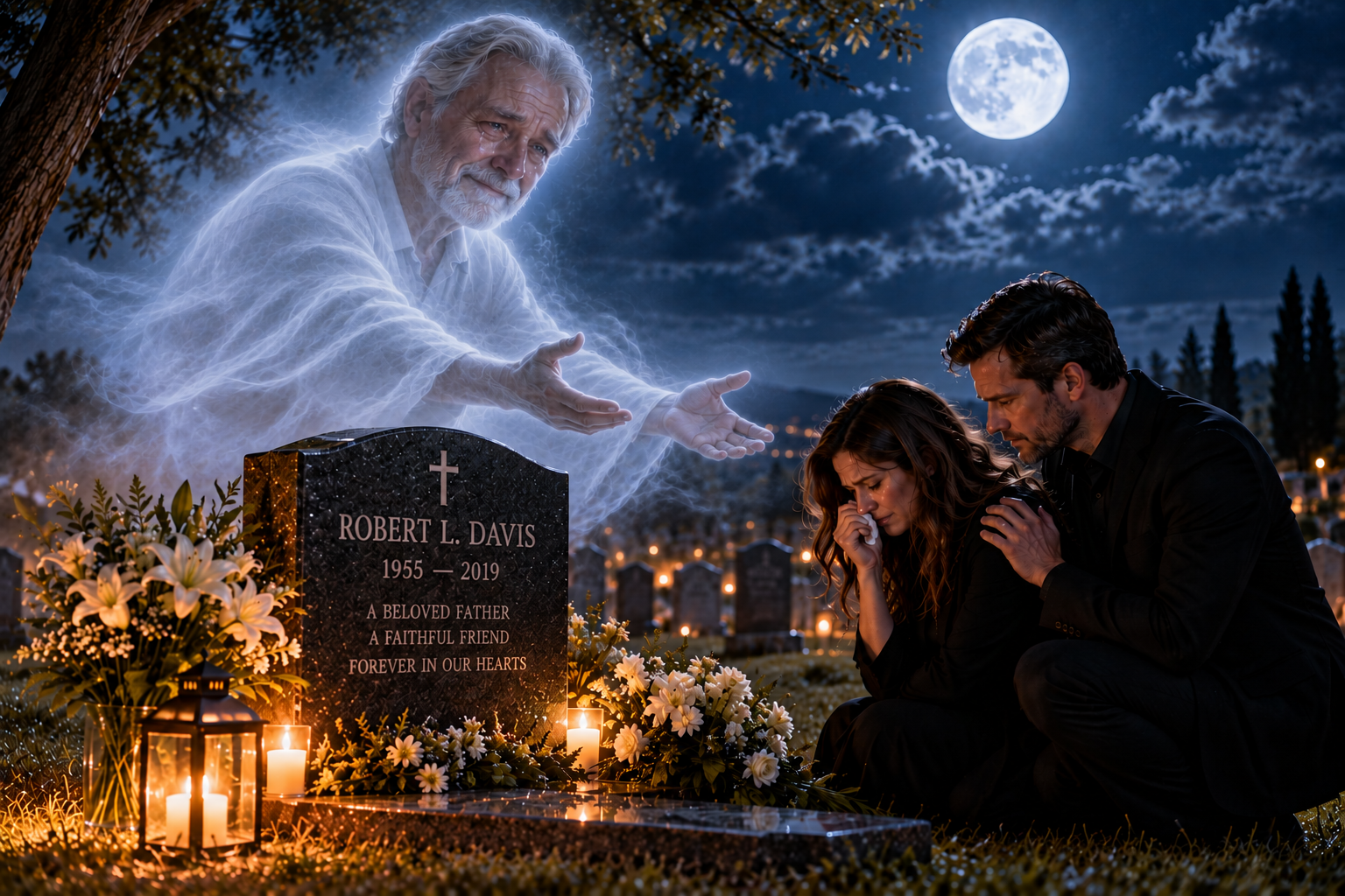 An angel appears above a grieving couple at a graveyard during nighttime, with a full moon and clouds in the sky. The couple is kneeling beside a gravestone that reads 'Robert L. Davis, 1955-2019,' surrounded by flowers and lit candles.