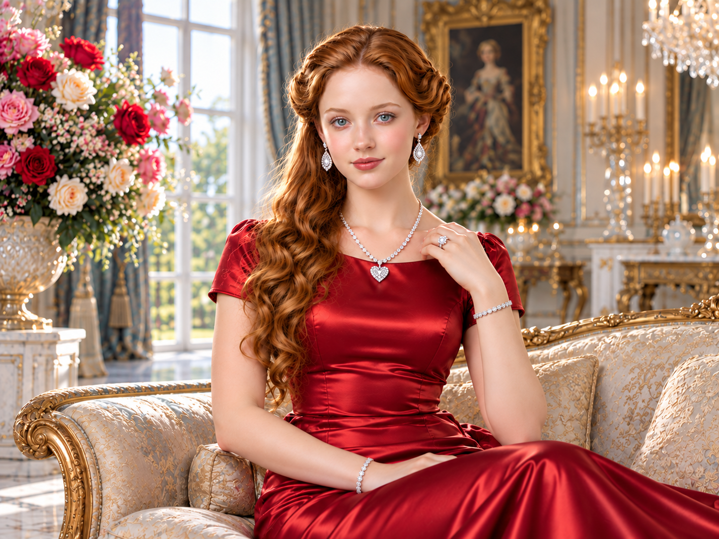 A young woman with long, curly red hair sitting on a luxurious ornate sofa in a richly decorated room with chandeliers and flowers.