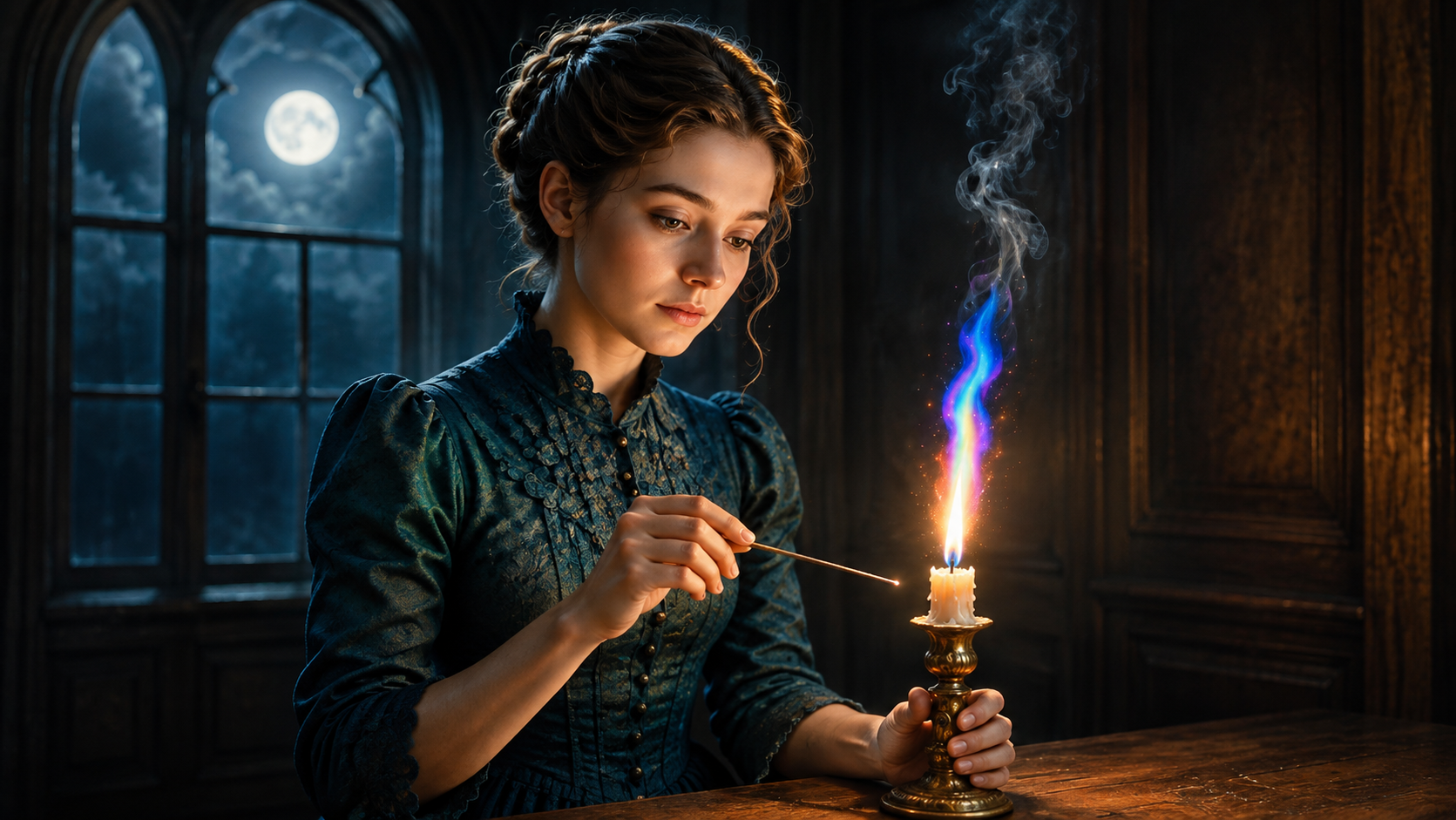 A young woman in a Victorian-style dark green dress holds a candlestick with a burning candle that has a colorful flame and smoke, inside a dimly lit room with large arched windows showing the moonlit night outside.