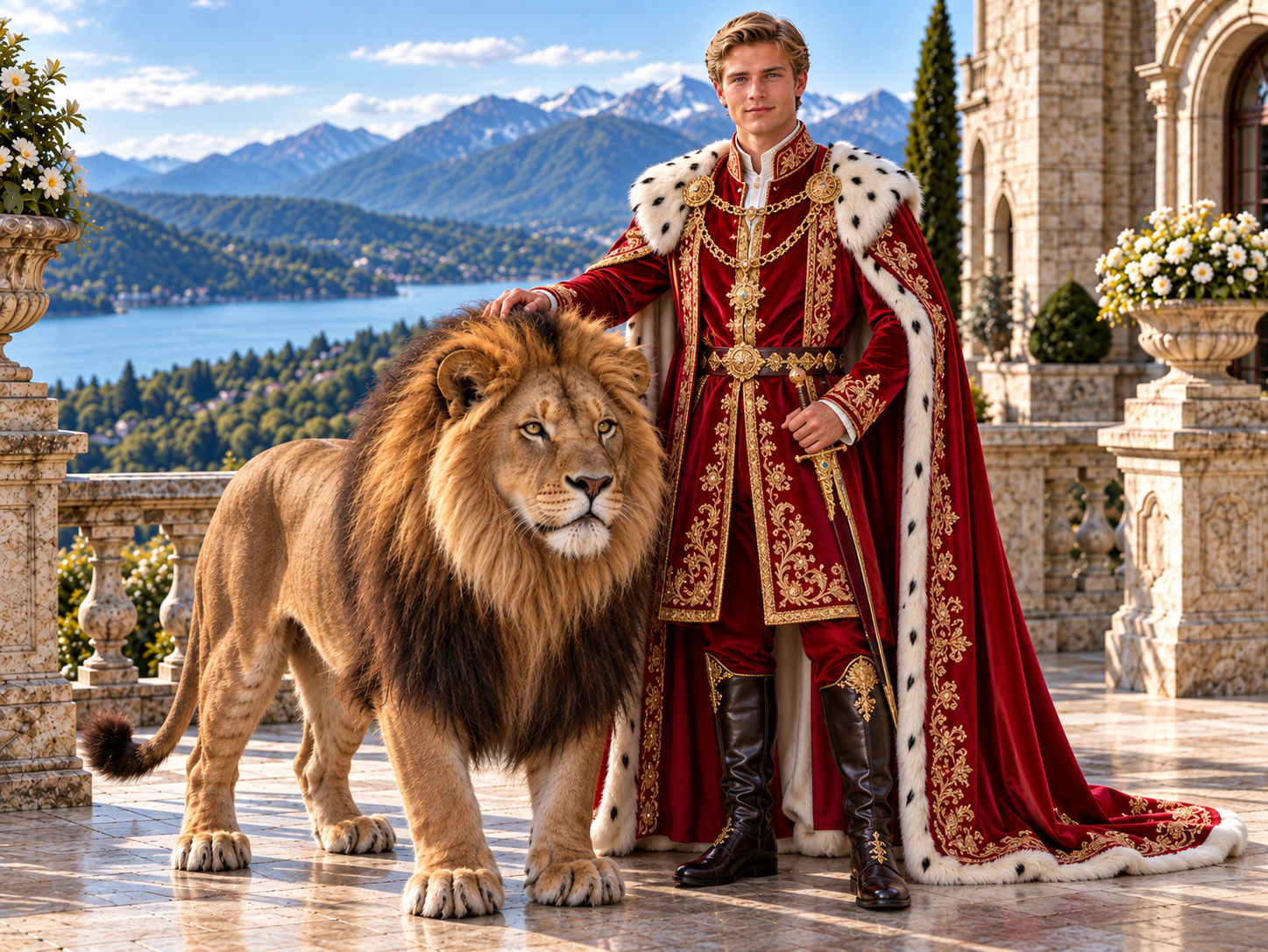 A young man dressed as a king in a red and gold embroidered cloak and royal attire, standing on a marble terrace with a lion. The background features a lake, mountains, and a historic stone building with potted white flowers.
