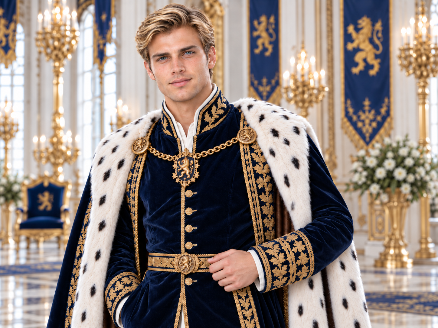Young man dressed as a king in royal blue and gold robes, wearing a white fur cloak with black spots, gold jewelry, and ornate background with royal banners and chandeliers in a palace.