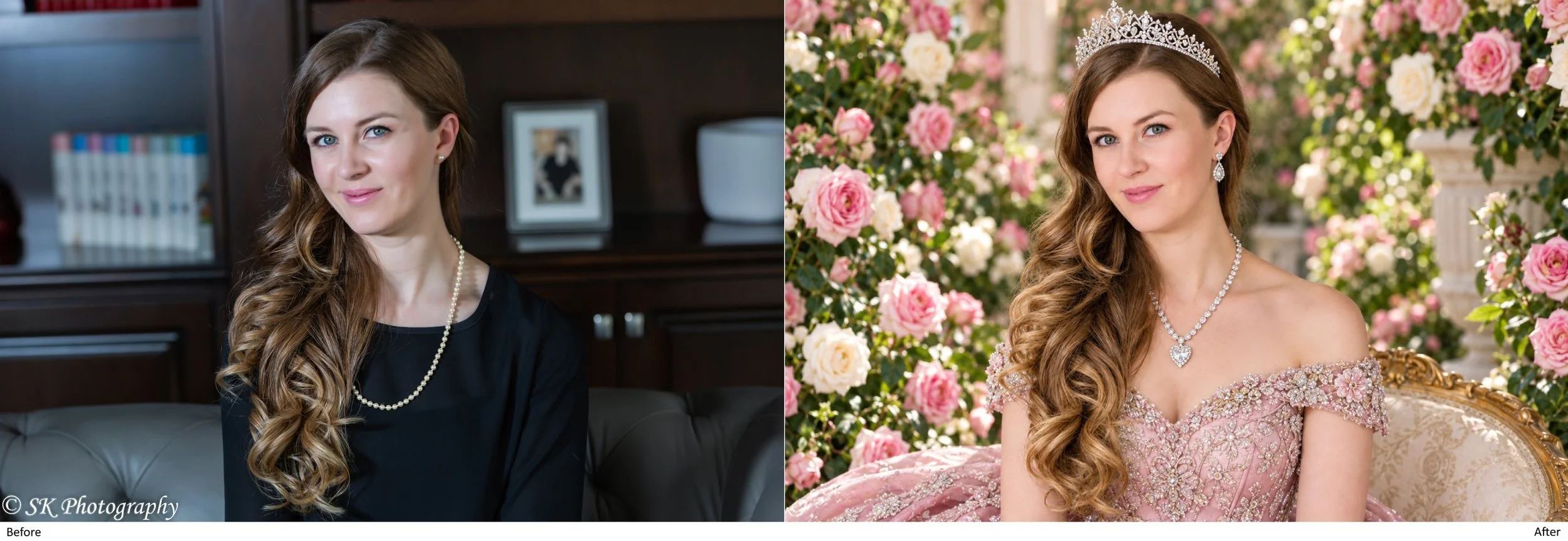 Comparison of a woman in a black dress with a pearl necklace in a casual indoor setting on the left and the same woman in a pink, embroidered gown with a tiara and jewelry in a floral, formal setting on the right, labeled 'Before' and 'After'.