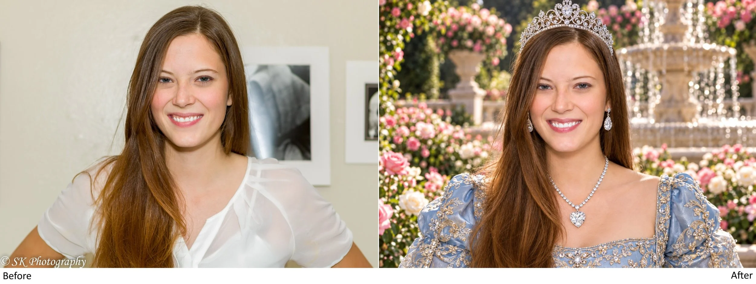 Side-by-side comparison of a young woman before and after dressing as a princess. In the 'before' image, she has long auburn hair and is wearing a white shirt, standing against a plain background with pictures hanging on the wall. In the 'after' imag