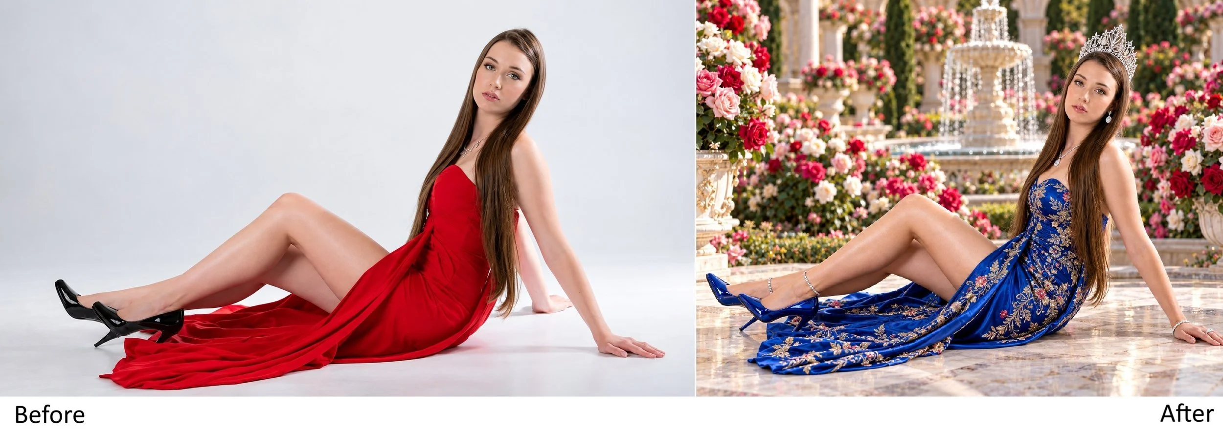 Comparison photo showing a woman on the left in a red dress on a plain white background labeled 'Before,' and on the right in an elegant blue floral dress with a tiara and jewelry, sitting on a fountain surrounded by pink and red roses at a garden la
