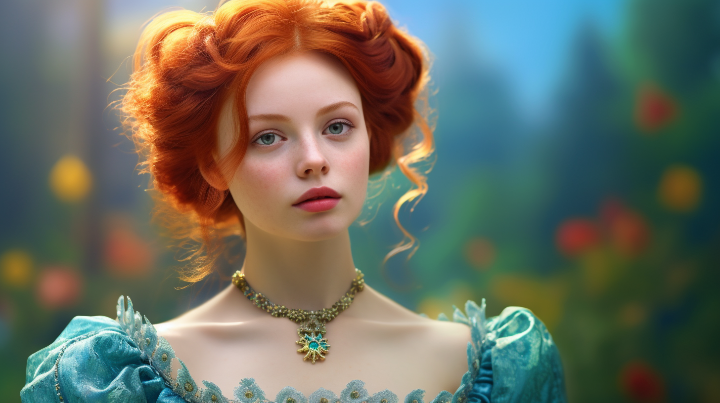 Portrait of a young woman with red hair and blue eyes wearing an ornate blue dress and a gold necklace with a turquoise pendant, standing outdoors against a blurred background of greenery and flowers.