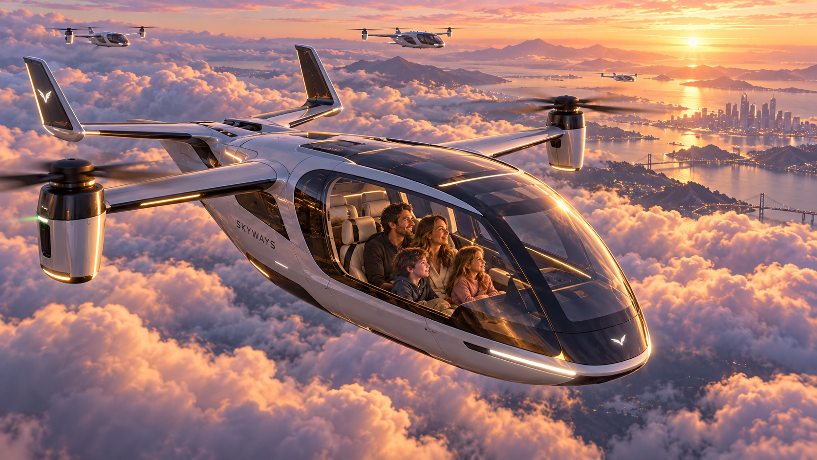A futuristic helicopter flying above the clouds at sunset with a family of four inside, and two other similar aircraft in the background over a city skyline with bridges and mountains.