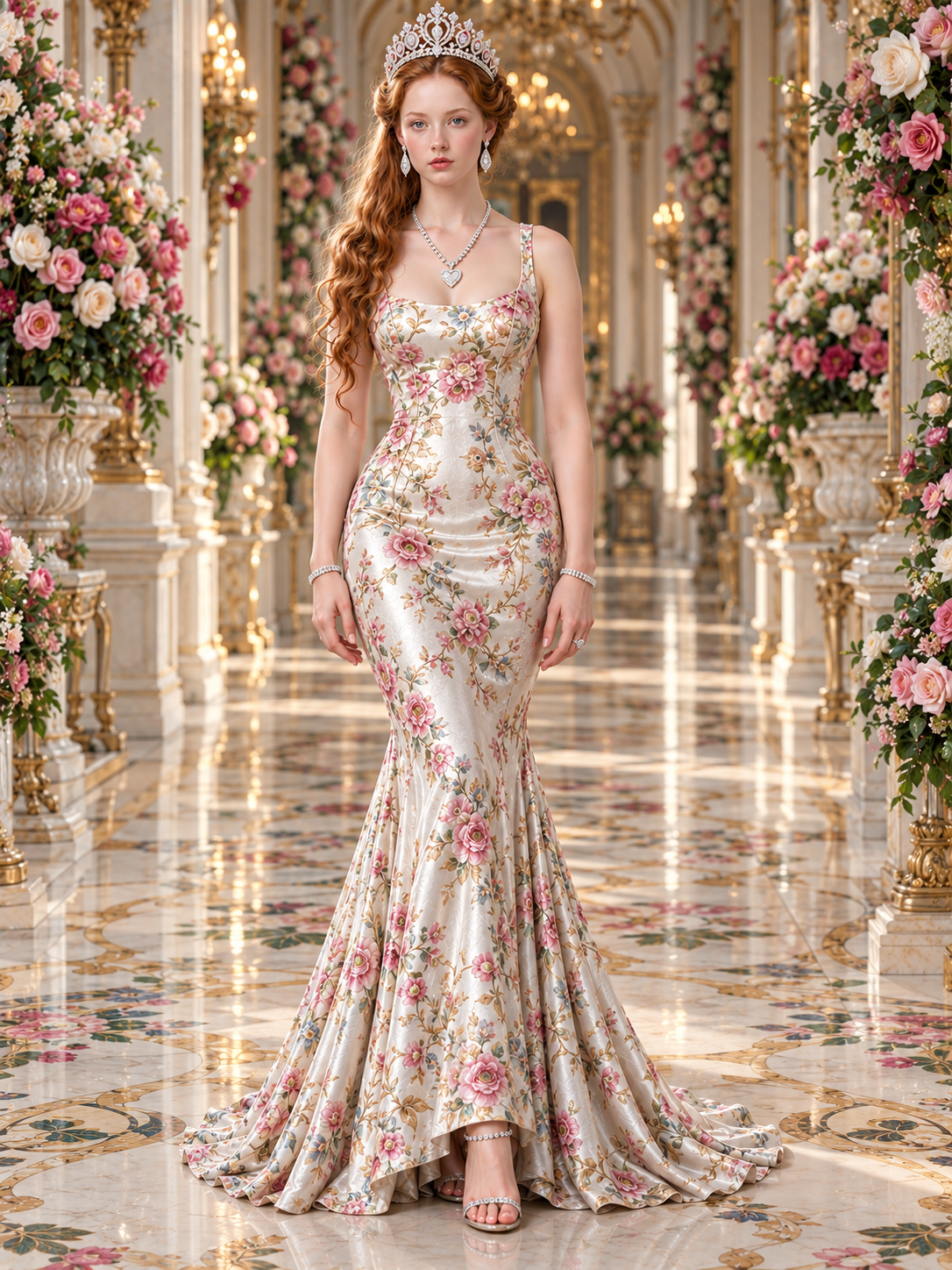 A young woman in an elegant floral gown with a crown, jewelry, and high heels standing in a grand, floral-decorated hall.