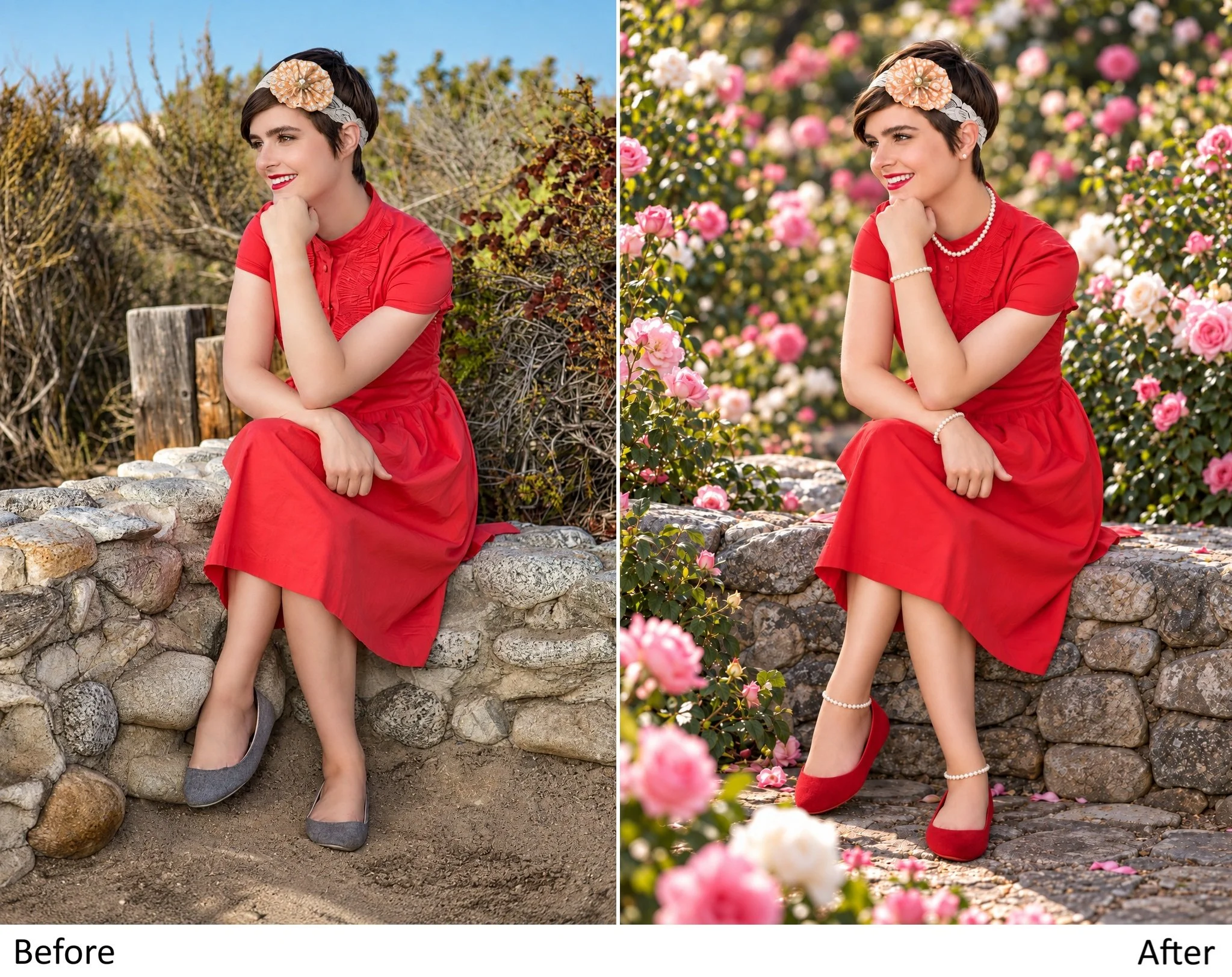 Side-by-side comparison of a woman before and after editing. The woman is smiling, wearing a red dress, pearl jewelry, and a floral headband. In the before image, she is sitting on a stone wall with dry bushes behind her; in the after image, she is s