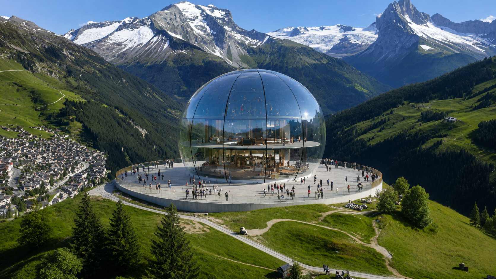 A futuristic glass dome observation deck on a mountain hilltop with visitors, overlooking a green valley and snow-capped mountains under a clear blue sky.