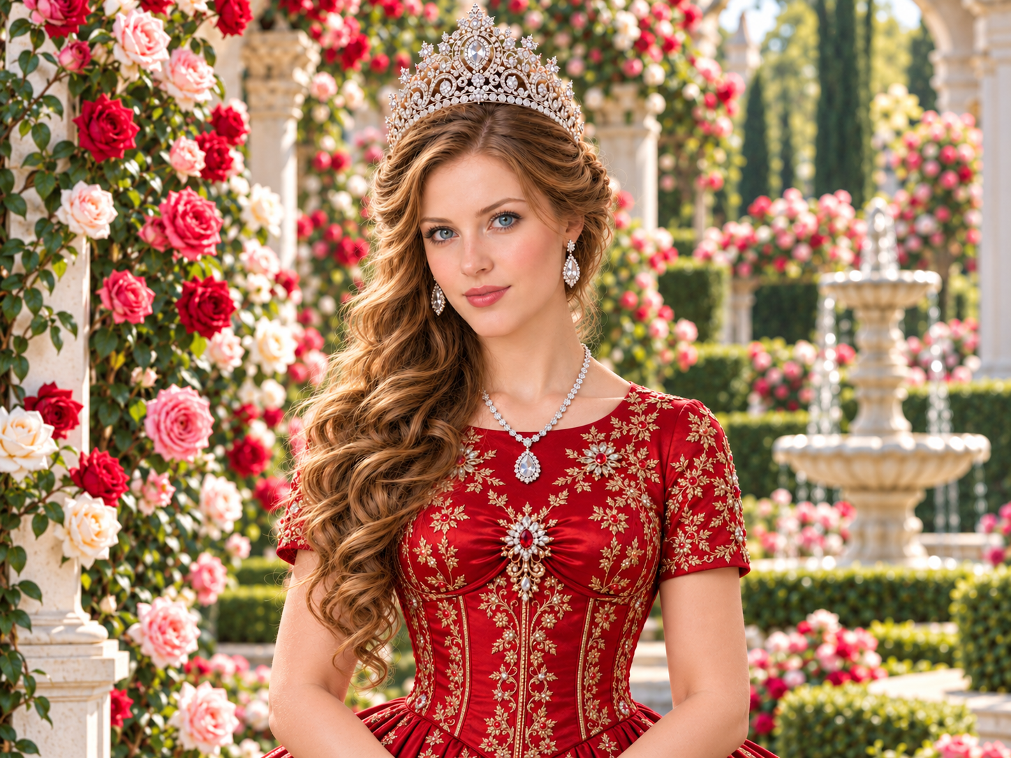 A young woman in a red dress with gold embroidery, wearing a tiara and jewelry, standing in a garden with rose bushes and ornate fountains.