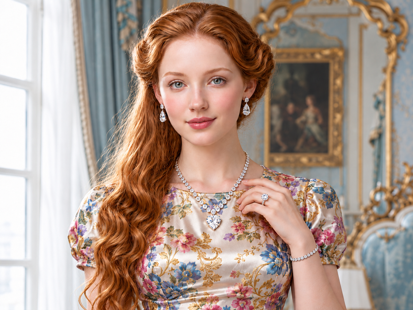 Portrait of a young woman with long red wavy hair, wearing a floral dress and diamond jewelry in an ornate, elegant room.