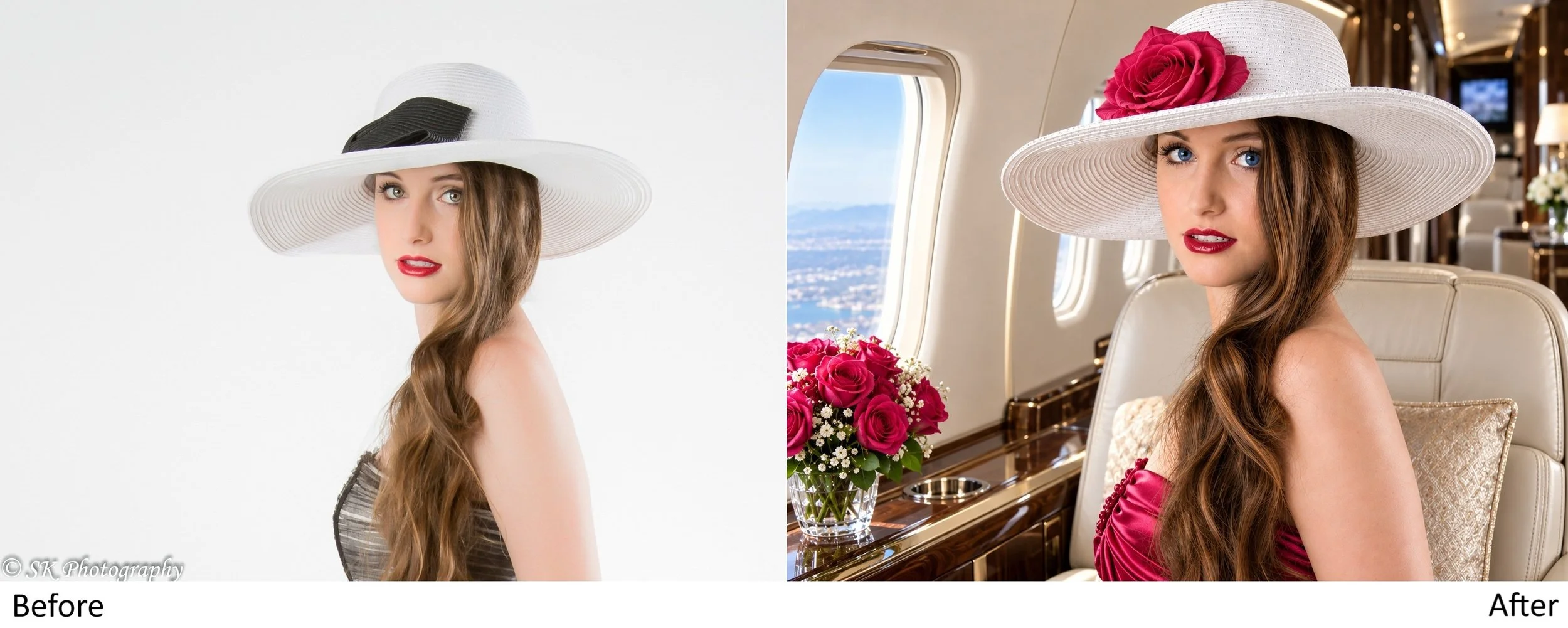 Comparison of a woman before and after makeup and styling, wearing a large white hat with a black ribbon, long wavy hair, red lipstick, and dressed elegantly, with a flight background in the after image.