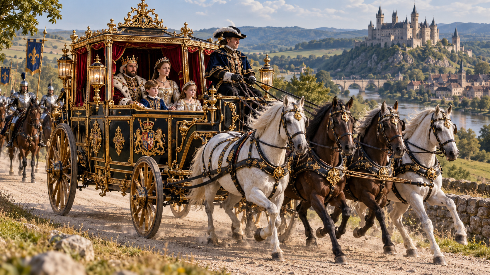 A royal royal parade featuring a carriage with four white and two brown horses, carrying a king, queen, and children dressed in regal attire. The background shows a castle on a hill and a river.