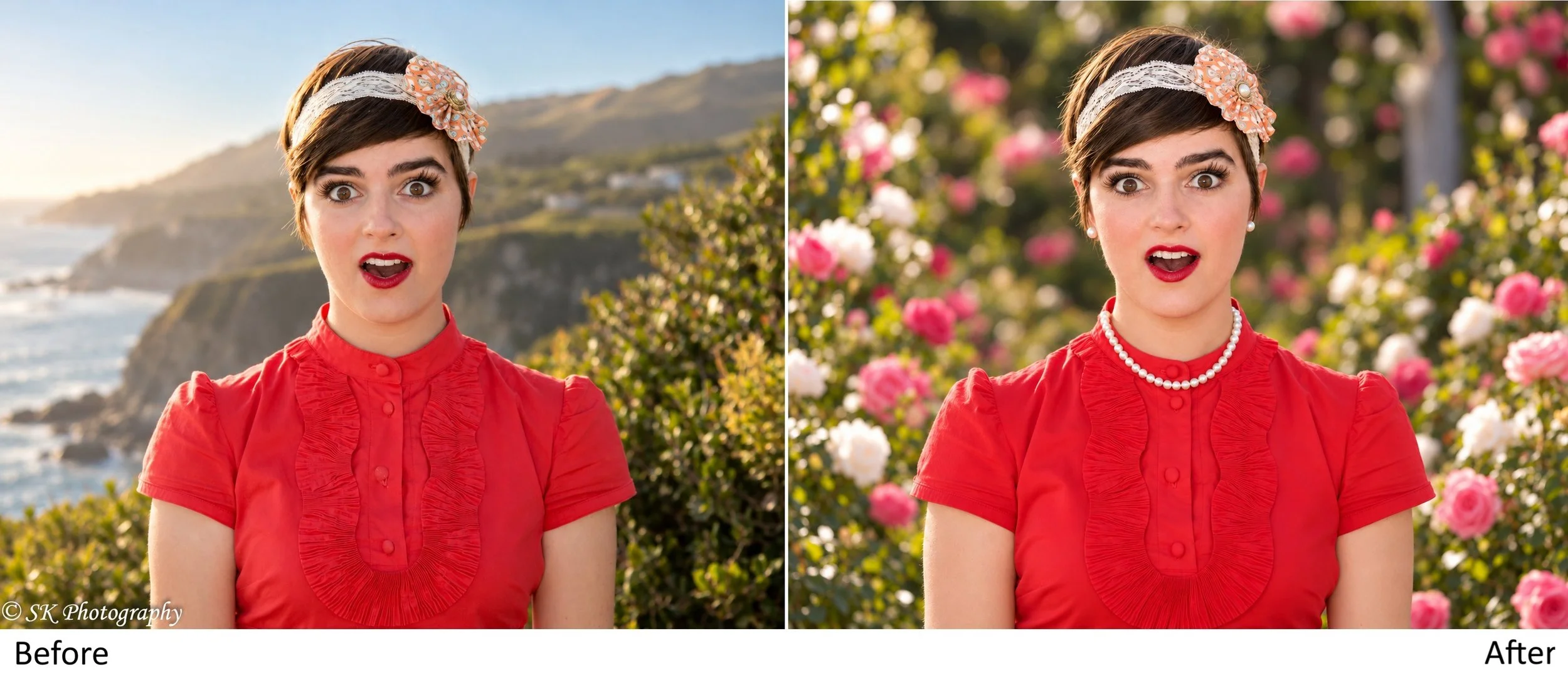 Side-by-side comparison of a woman before and after photo editing, wearing a red dress, with a headband, necklace, and earrings, with a scenic outdoor background.