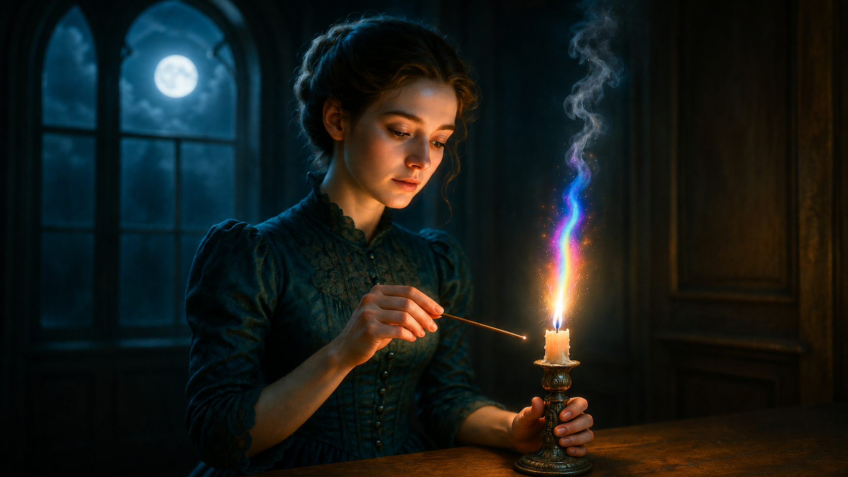 A young woman in a dark, vintage-style dress is holding a candle with a blue and purple flame while carefully adding magical sparkles with a small wand. A full moon shines through a large window behind her in a dimly lit room.