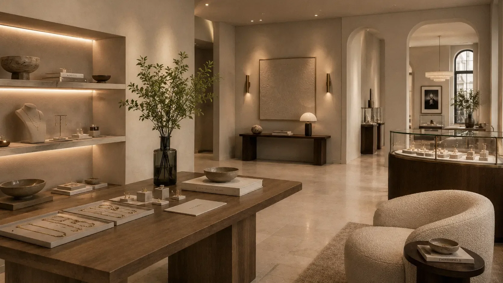 Interior of a jewelry store with display cases and shelves showcasing jewelry, a large vase with greenery, a beige armchair, and a wooden table with jewelry and decorative objects, in a minimalist and elegant design.