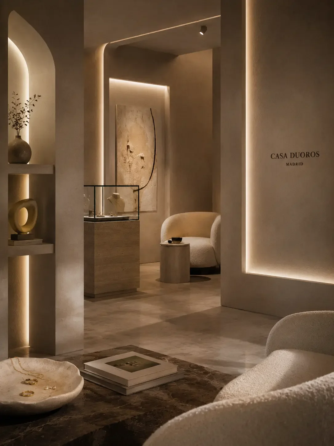 Minimalist interior of Casa Duoros in Madrid featuring neutral tones, soft lighting, decorative shelves with pottery, a plush armchair, a small side table, jewelry on a ceramic dish, and abstract artwork on the wall.