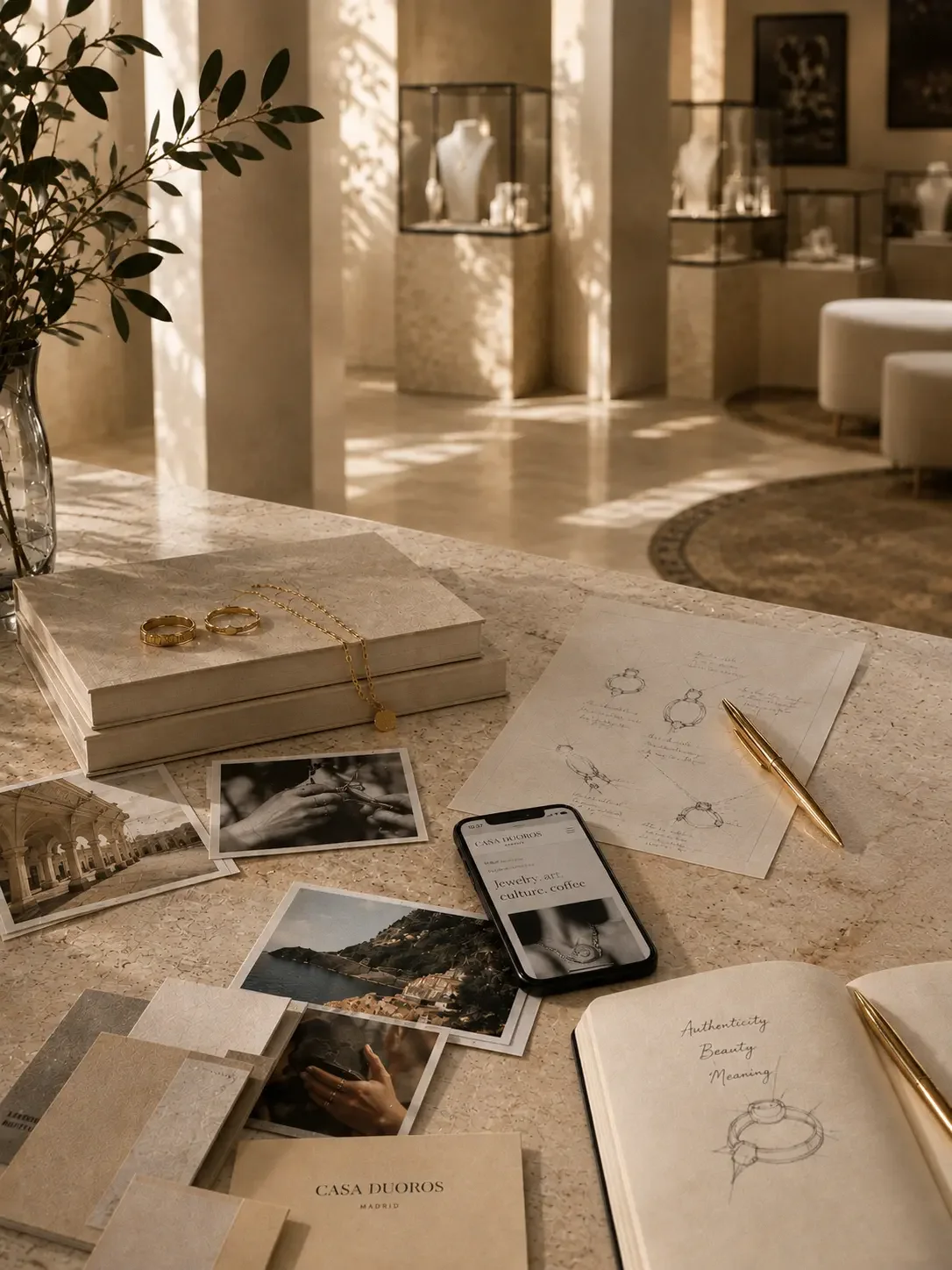 A marble table with jewelry sketches, photographs, a smartphone, and wedding rings inside a jewelry store.