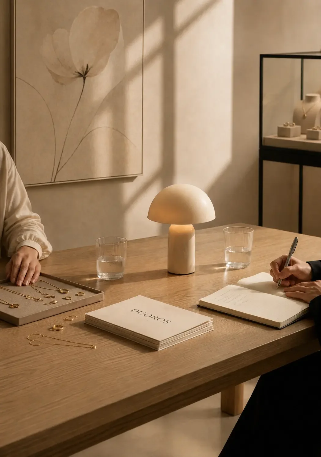 Jewelry display table with gold necklaces and rings, two glasses of water, a beige mushroom-shaped lamp, and a person taking notes in a notebook at a jewelry store or business meeting.
