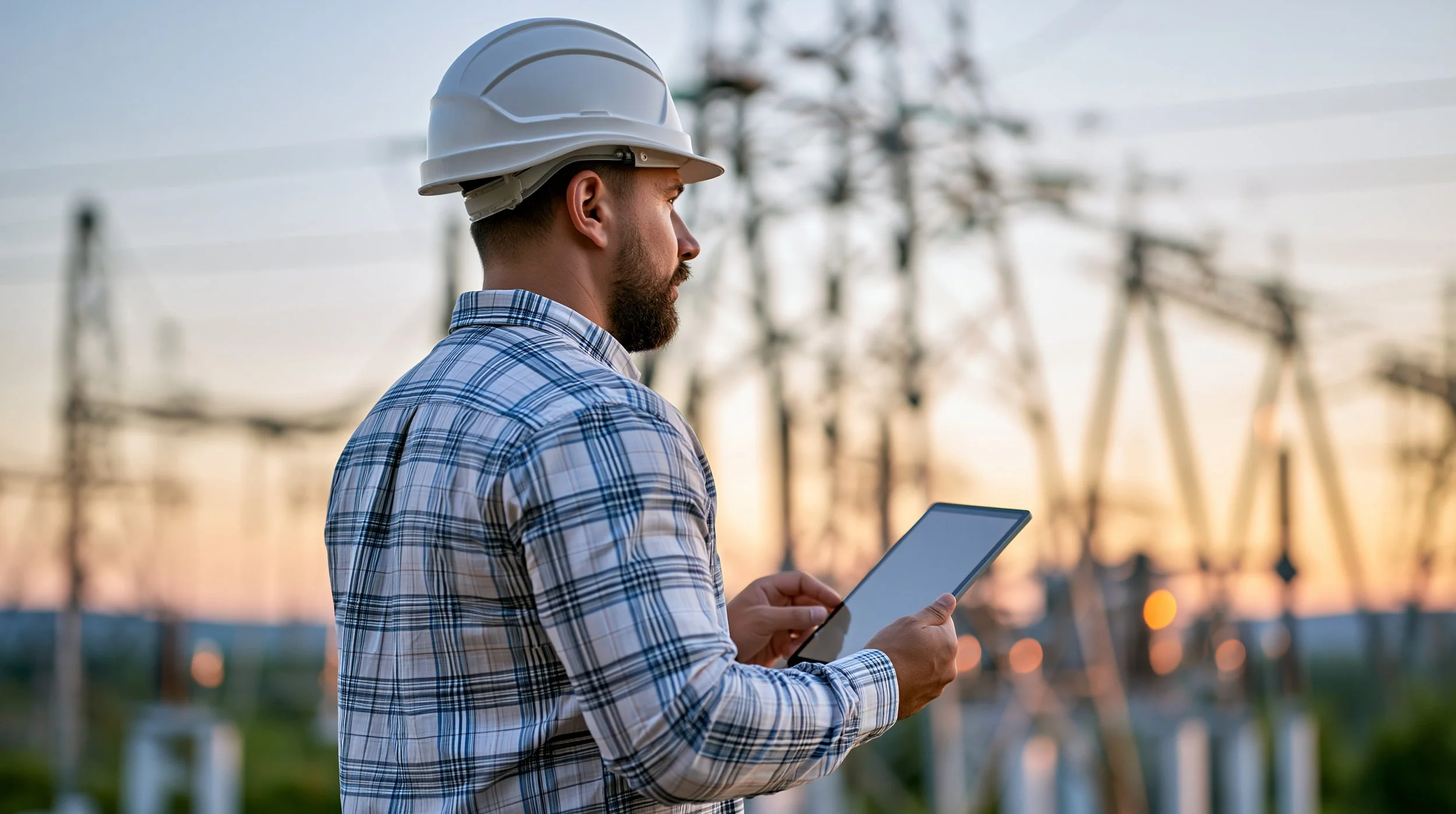 A man with a beard and a plaid shirt, wearing a white safety helmet, holds a tablet and looks at power lines and electrical infrastructure outdoors at sunset.