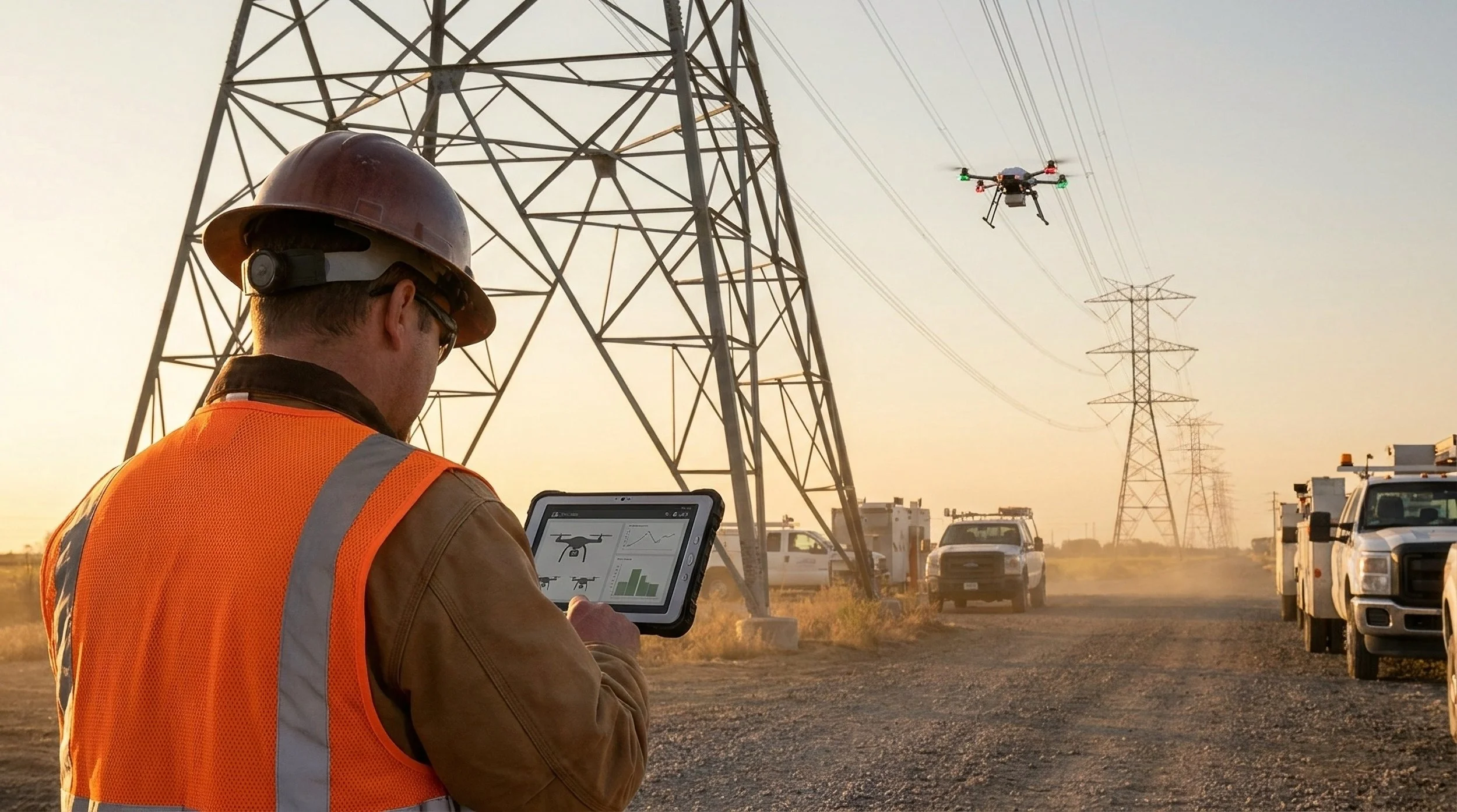 A utility worker in an orange safety vest and hard hat monitors a tablet device at a power line site during sunset, with power transmission towers and a drone flying nearby.