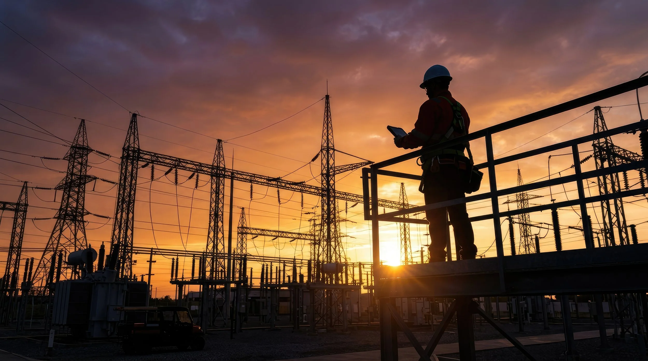 Utility field professional reviewing electrical substation equipment and infrastructure.