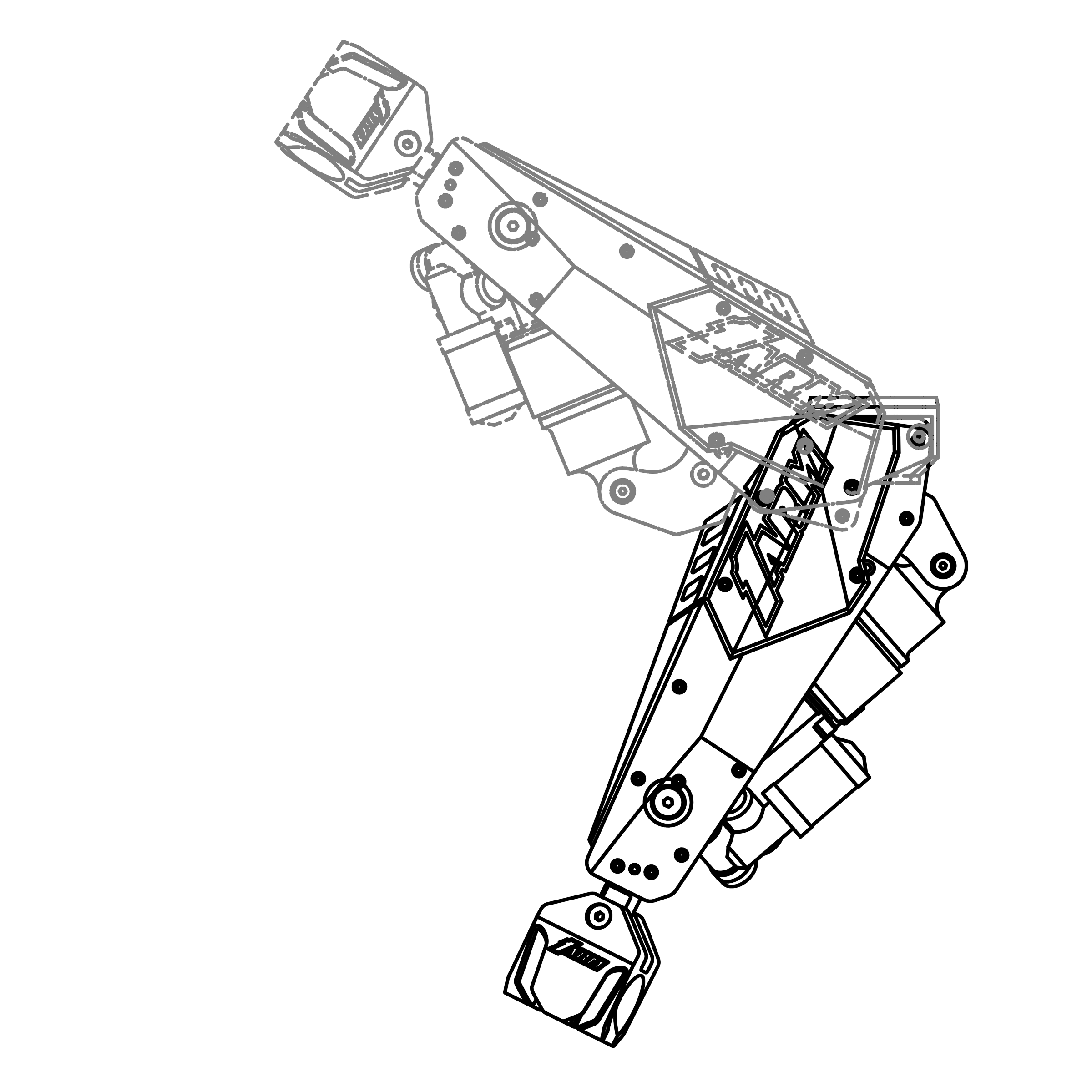 A technical drawing of a mechanical arms and robotic components in outline, with various joints, gears, and structural elements.