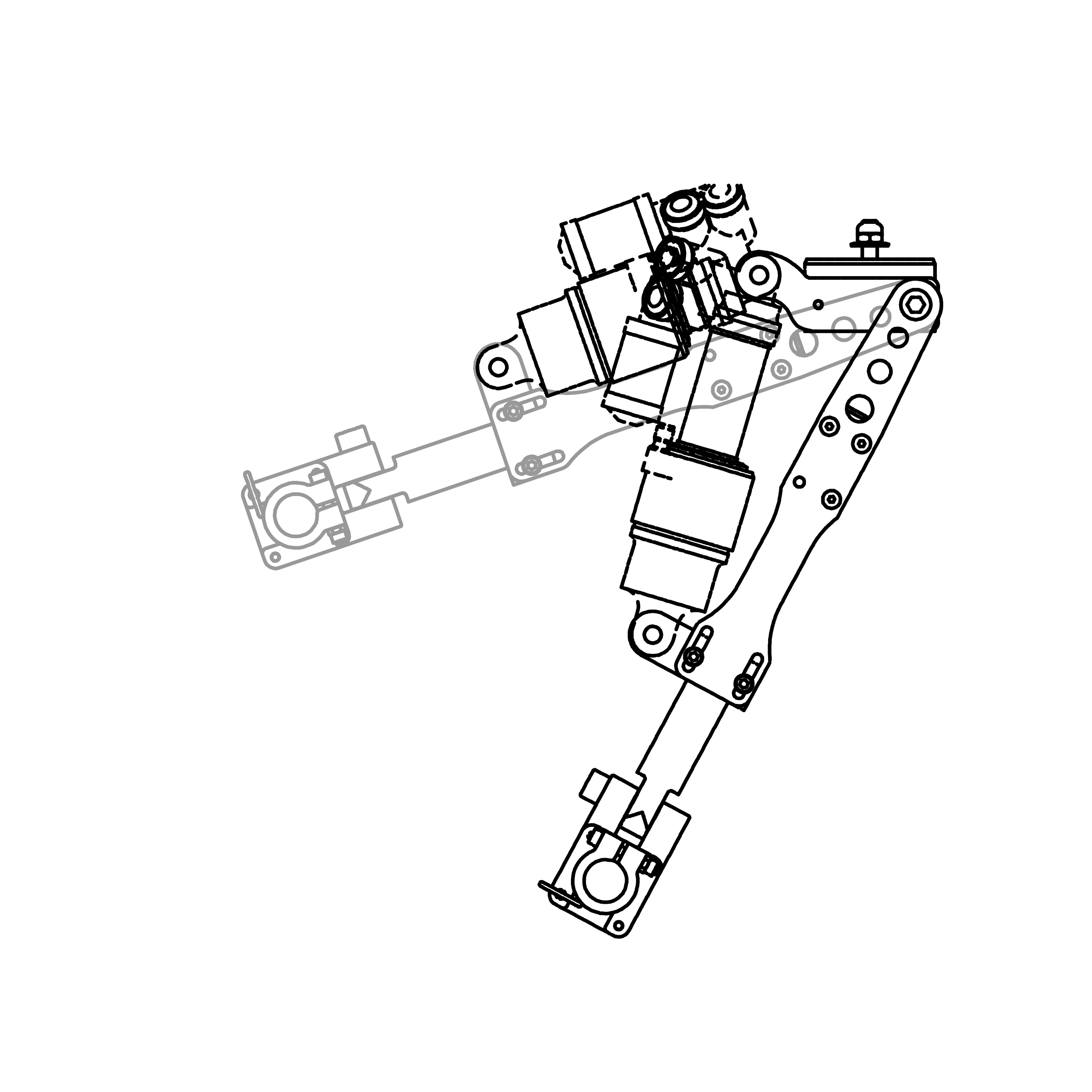 Line drawing of a complex mechanical device or machine with gears and components on a black background.