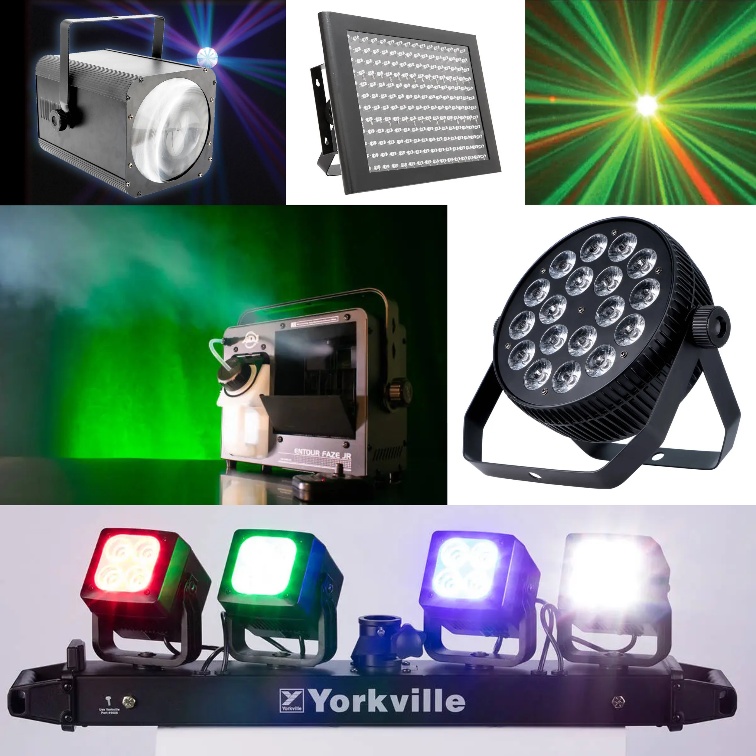 Collection of professional lighting equipment including LED stage lights, laser lights, and a control device, with various colors and effects.